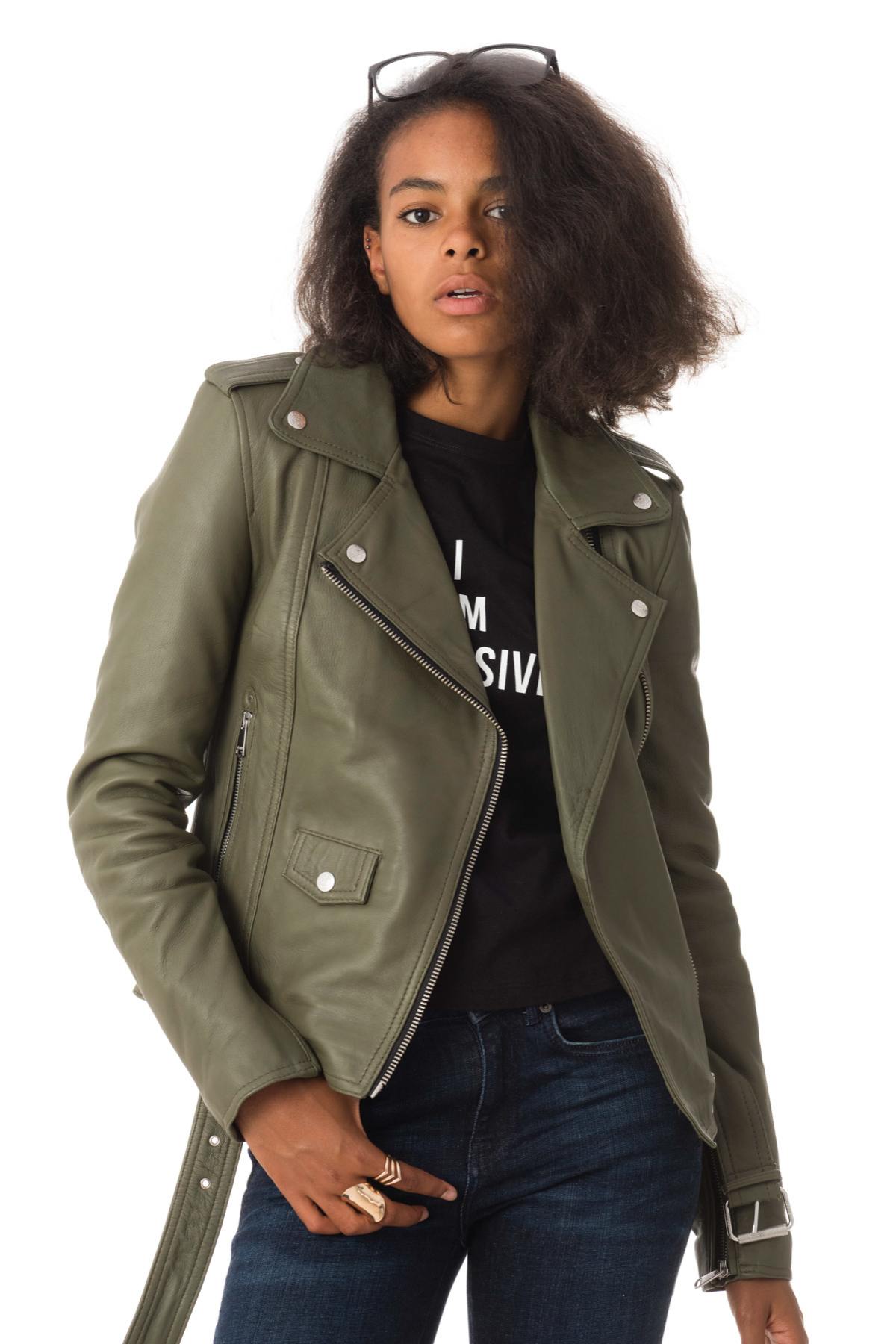 Biker Jacket with olive-colored belt - Image n°1