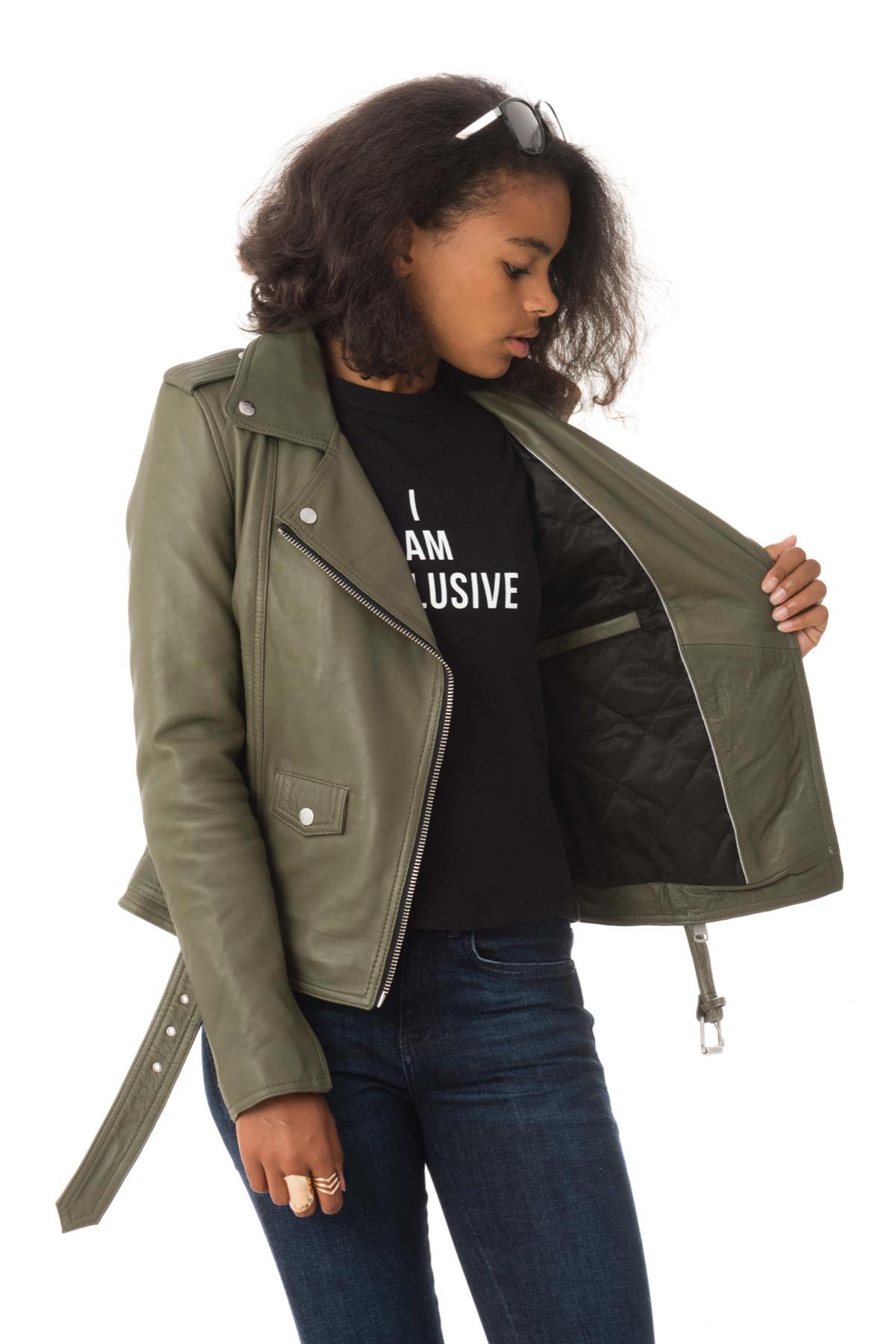 Biker Jacket with olive-colored belt - Image n°5