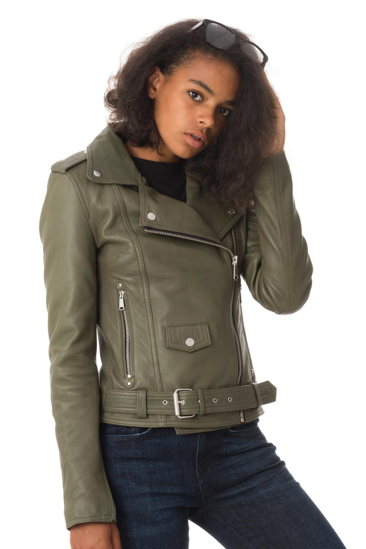 Biker Jacket with olive-colored belt - Image n°4