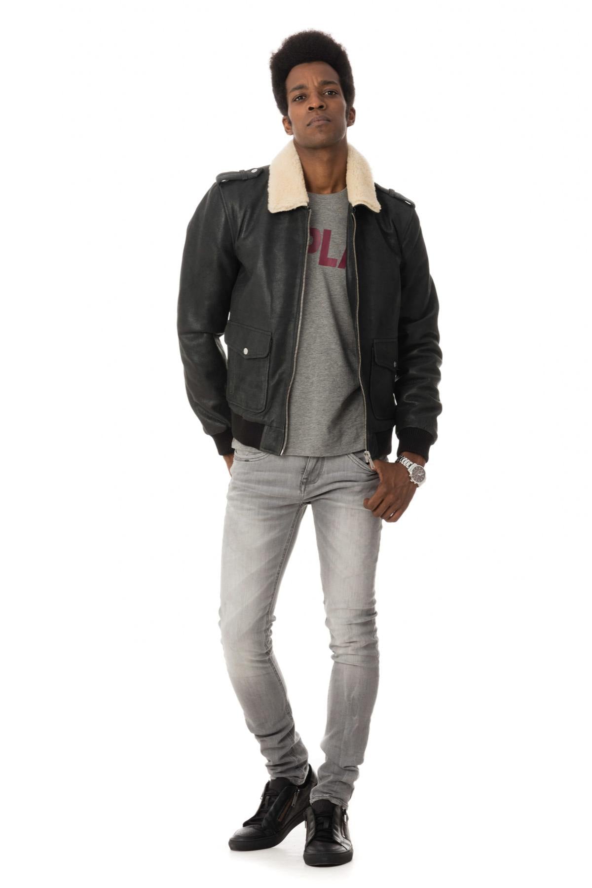 Black sheepskin leather bomber jacket - Image n°2