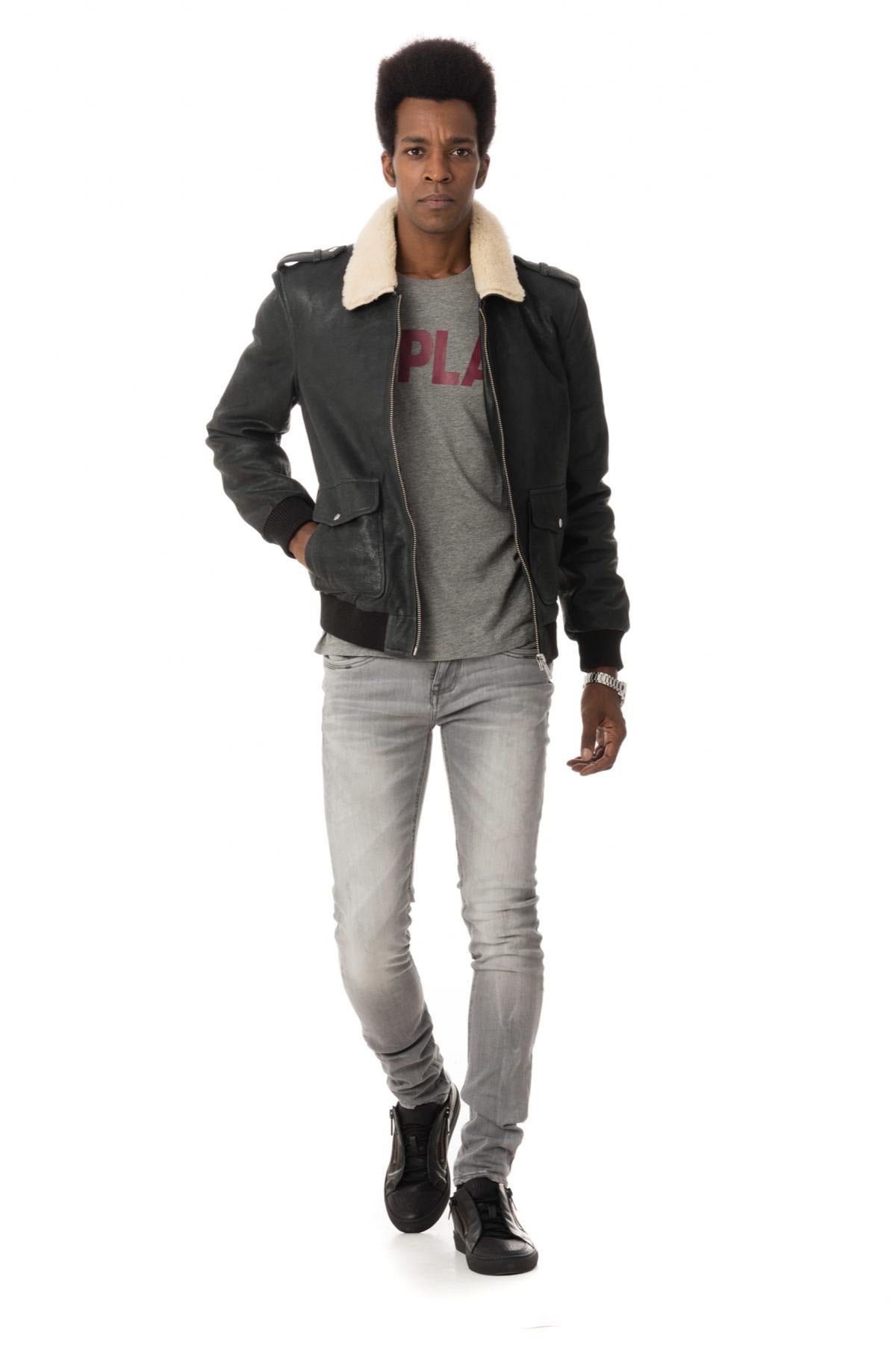 Black sheepskin leather bomber jacket - Image n°4