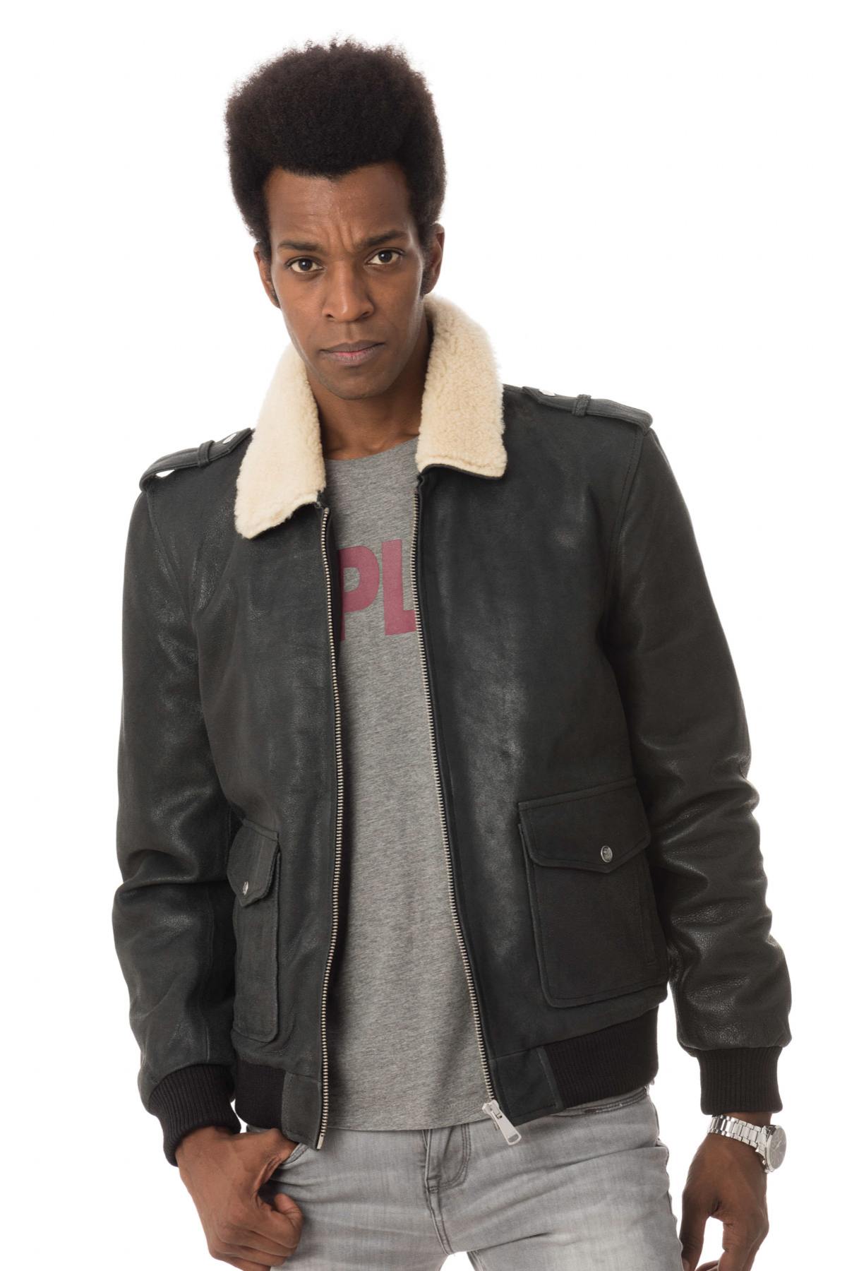 Black sheepskin leather bomber jacket - Image n°3