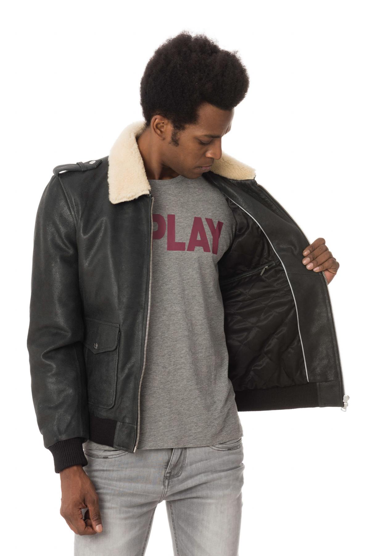 Black sheepskin leather bomber jacket - Image n°6