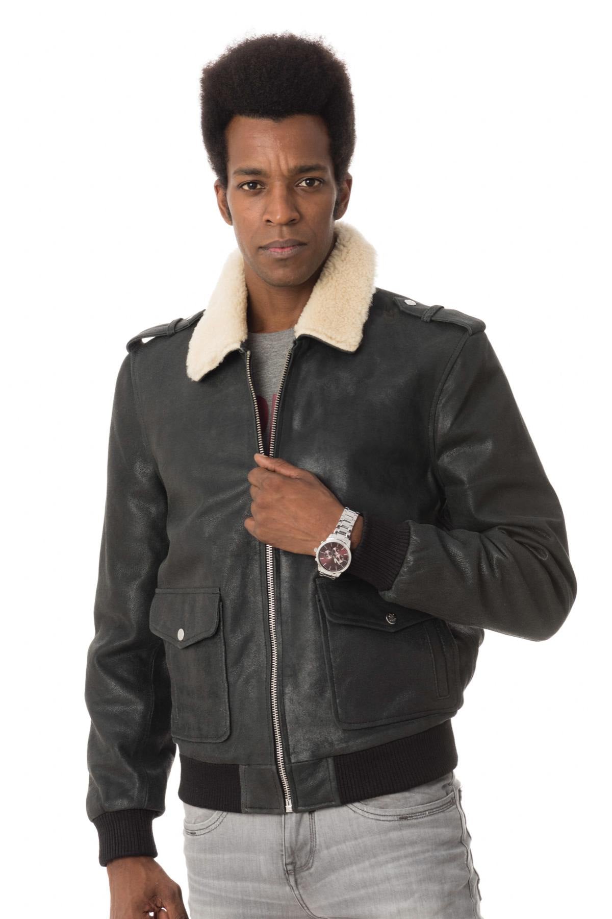 Black sheepskin leather bomber jacket - Image n°1