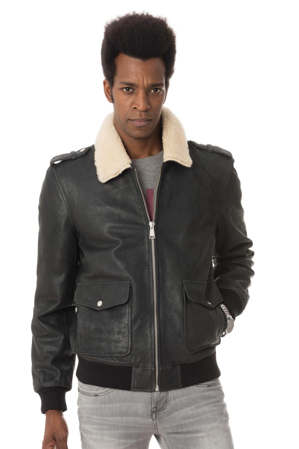 Black sheepskin leather bomber jacket - Image n°5