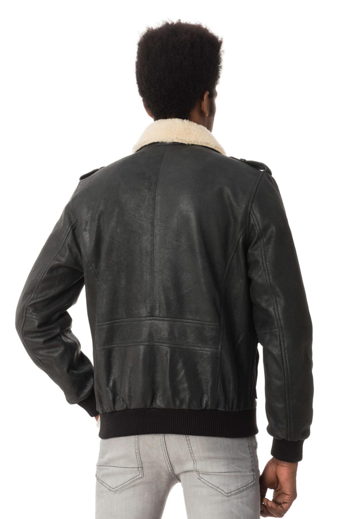 Black sheepskin leather bomber jacket - Image n°7