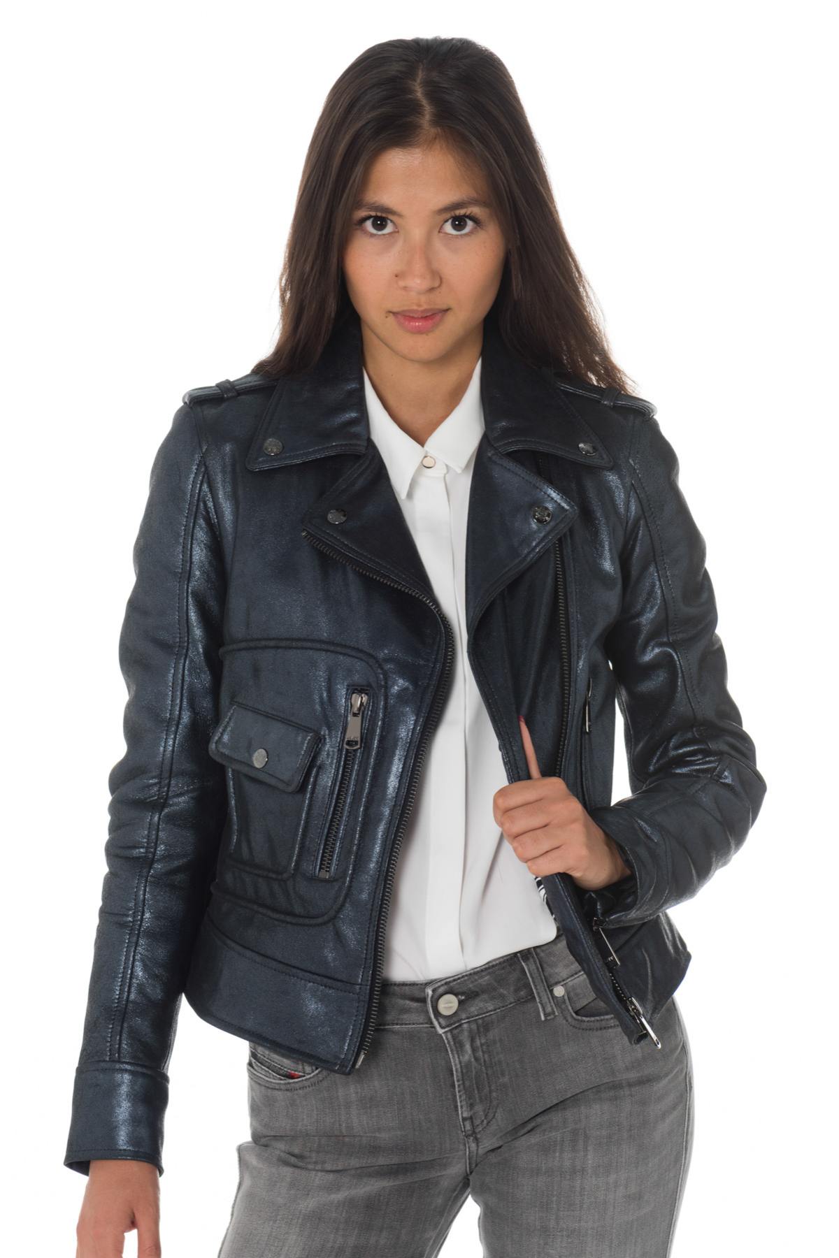 Blue sheepskin leather Biker Jacket with iridescent look - Image n°1