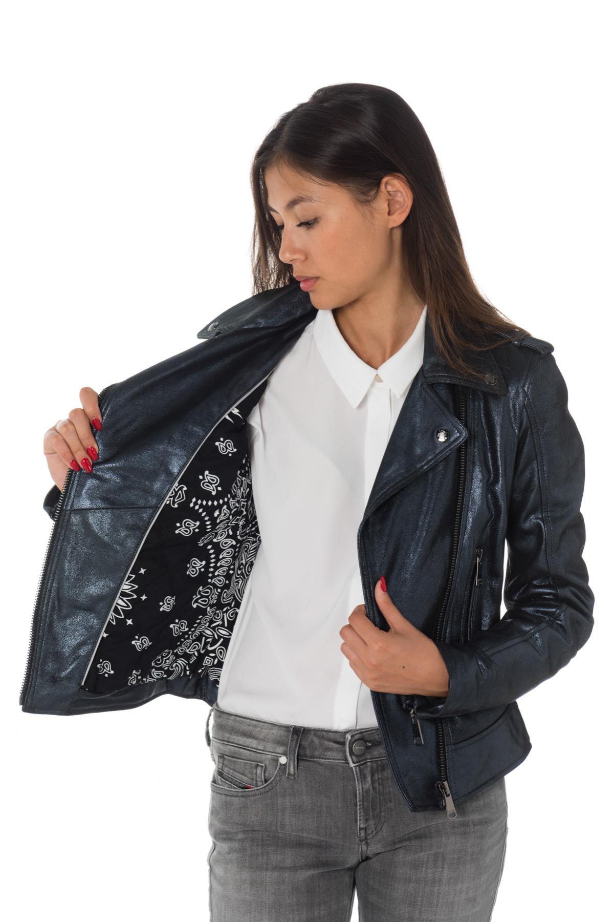 Blue sheepskin leather Biker Jacket with iridescent look - Image n°7