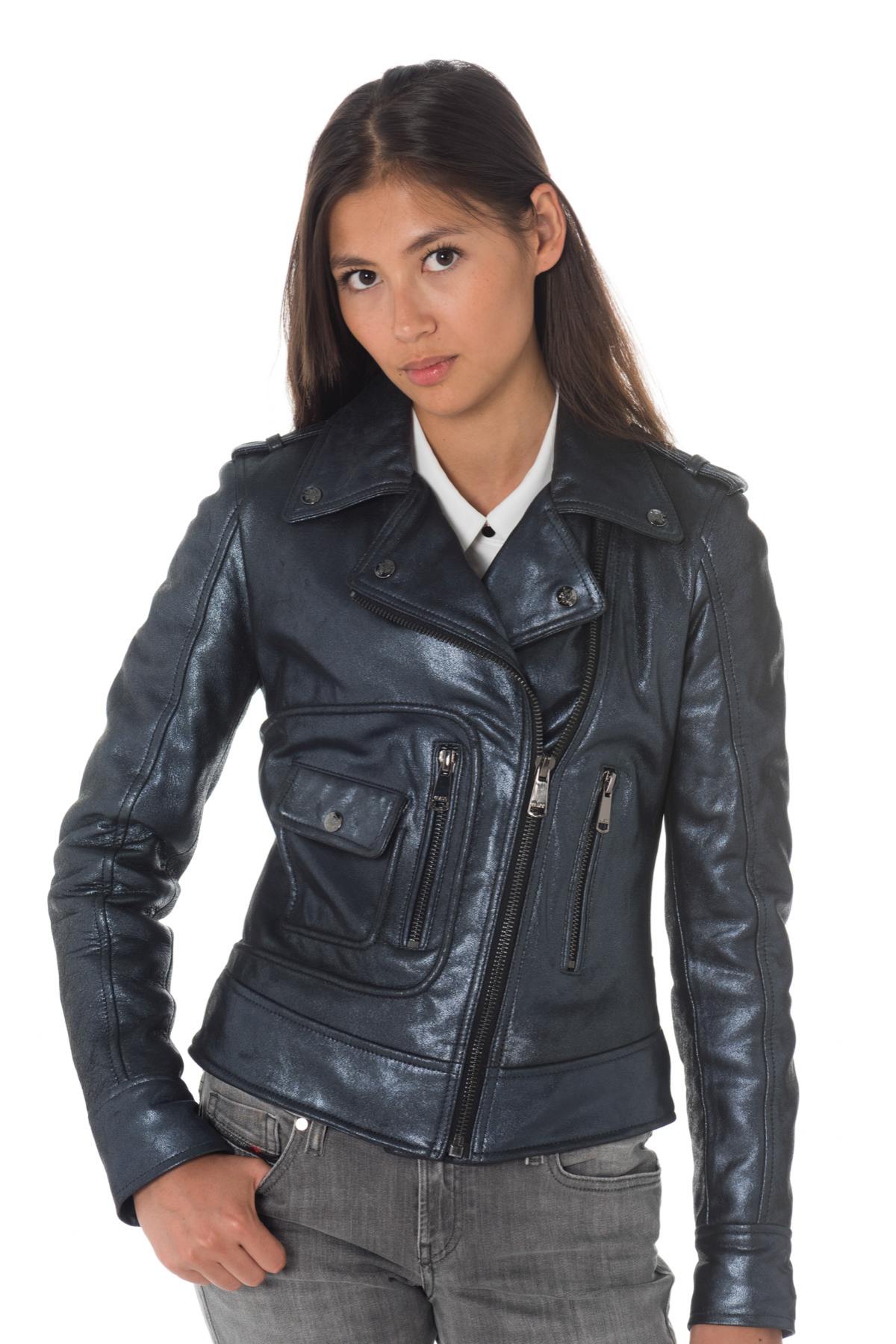 Blue sheepskin leather Biker Jacket with iridescent look - Image n°3