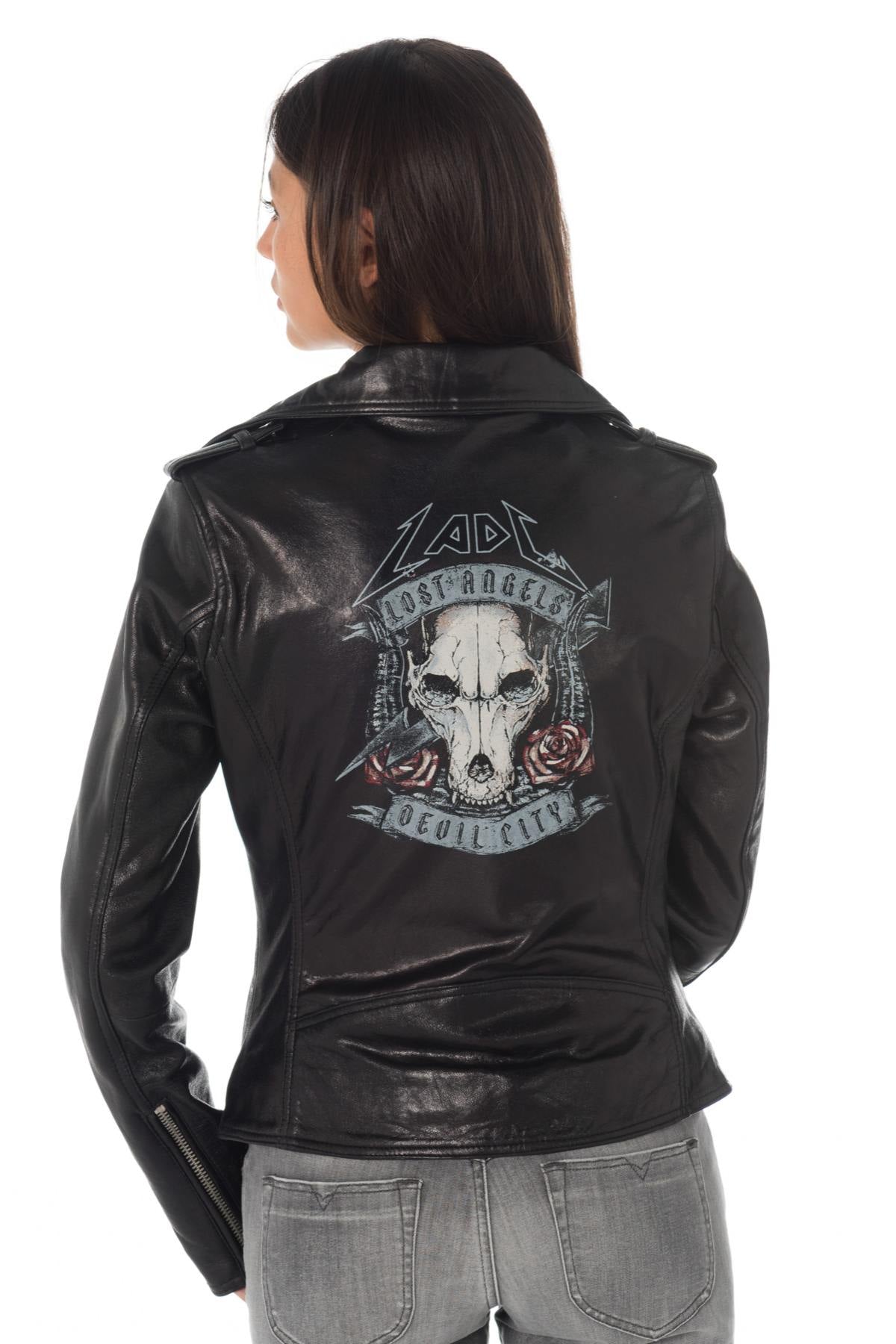 Black leather Biker Jacket with back print - Image n°1