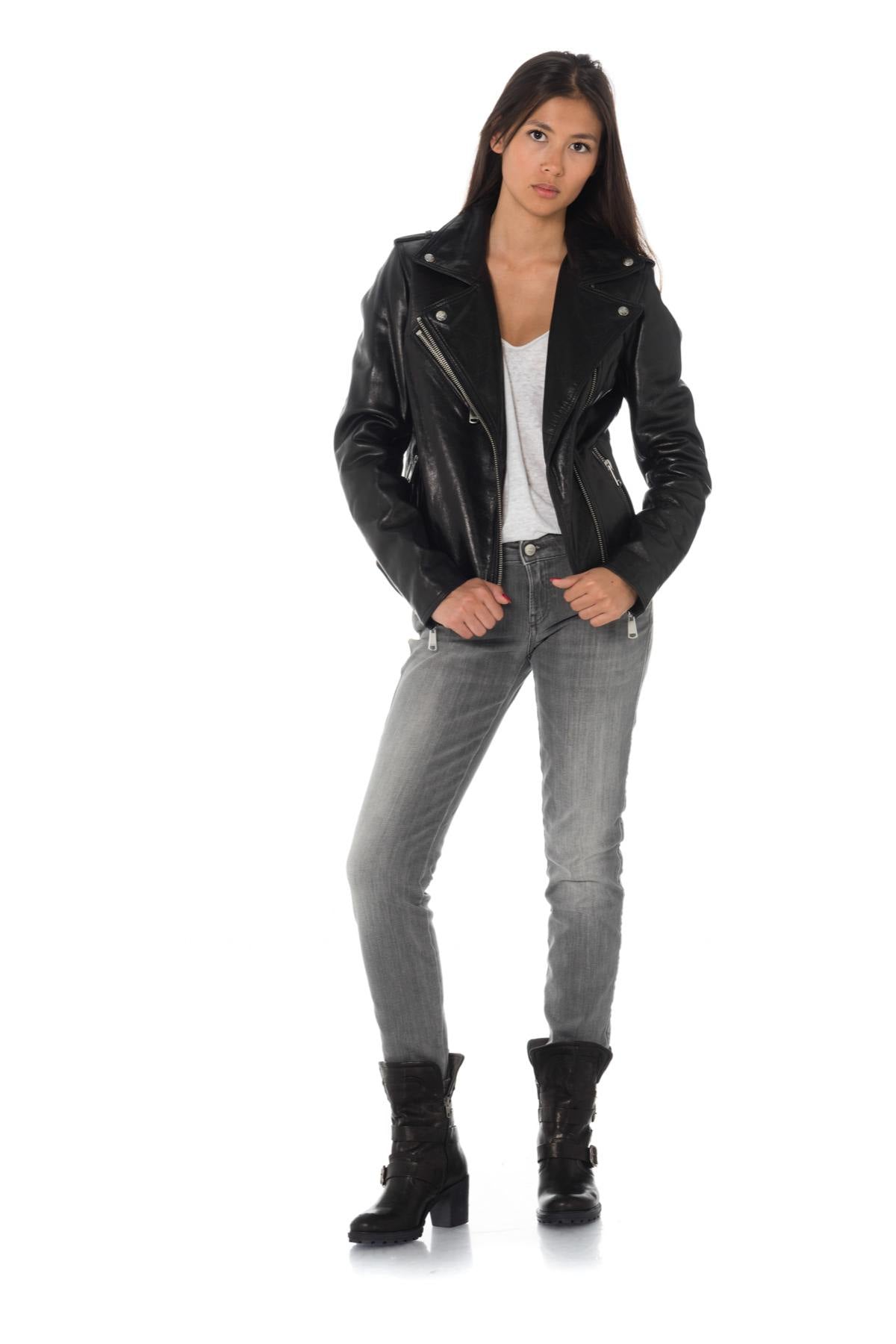 Black leather Biker Jacket with back print - Image n°3