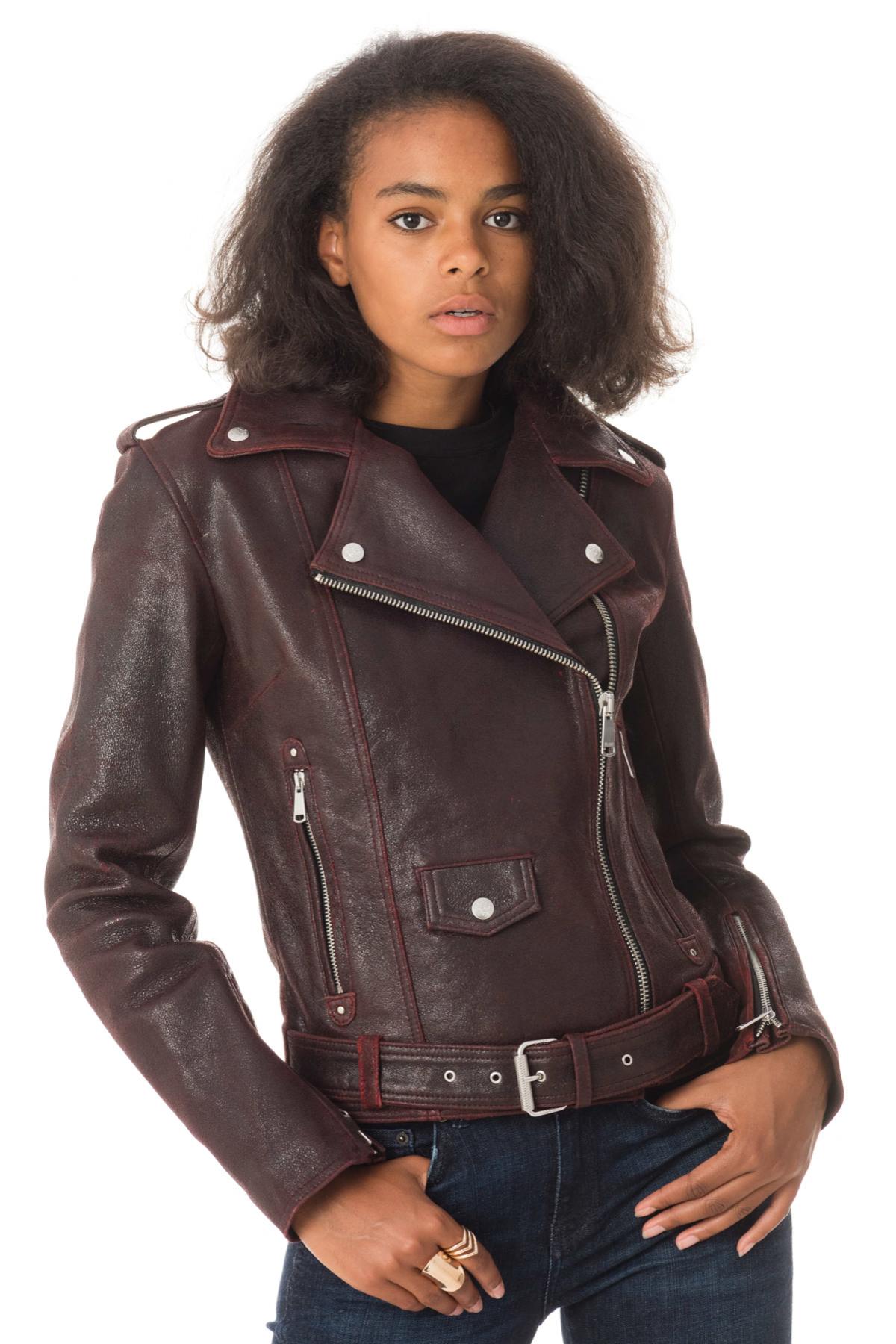 Biker Jacket in eggplant cracked-effect leather - Image n°4