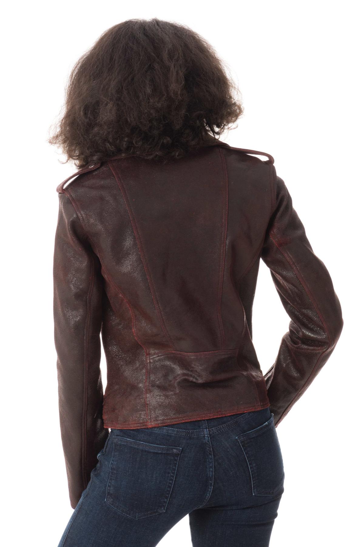 Biker Jacket in eggplant cracked-effect leather - Image n°6