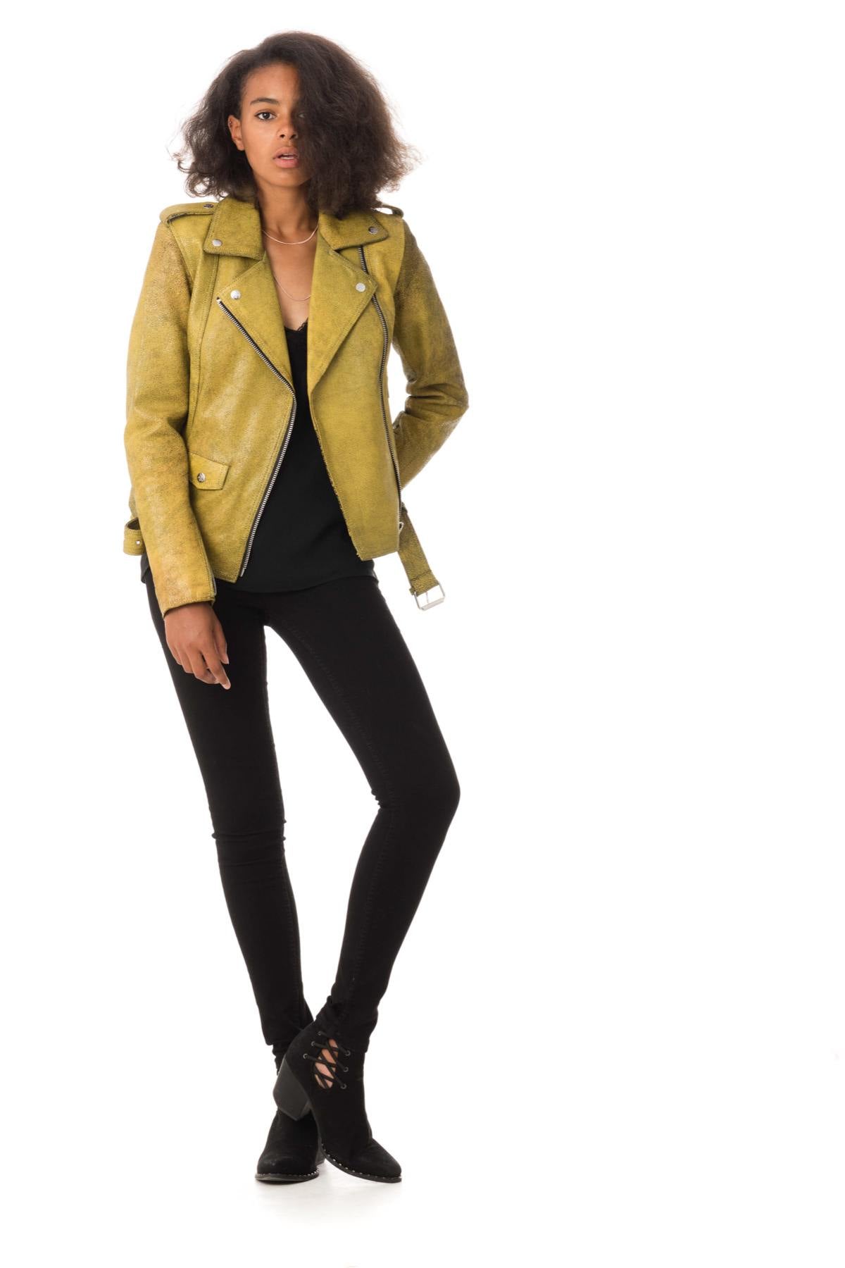 Biker Jacket jacket in aged and cracked yellow sheepskin leather - Image n°5