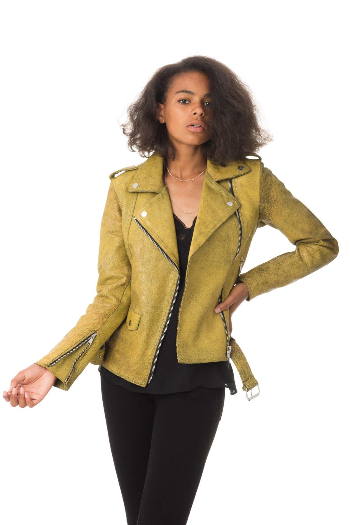 Biker Jacket jacket in aged and cracked yellow sheepskin leather - Image n°3