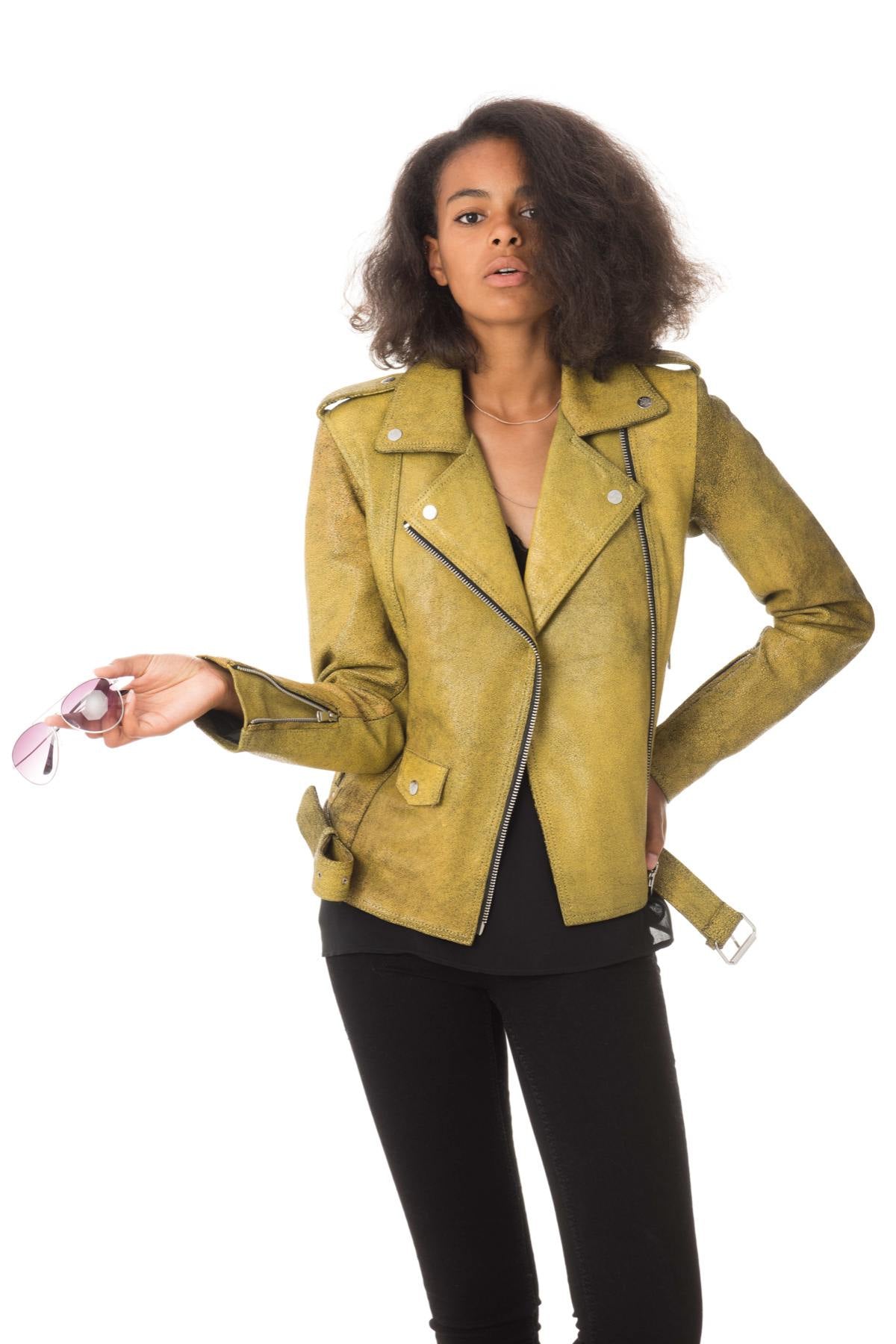 Biker Jacket jacket in aged and cracked yellow sheepskin leather - Image n°1