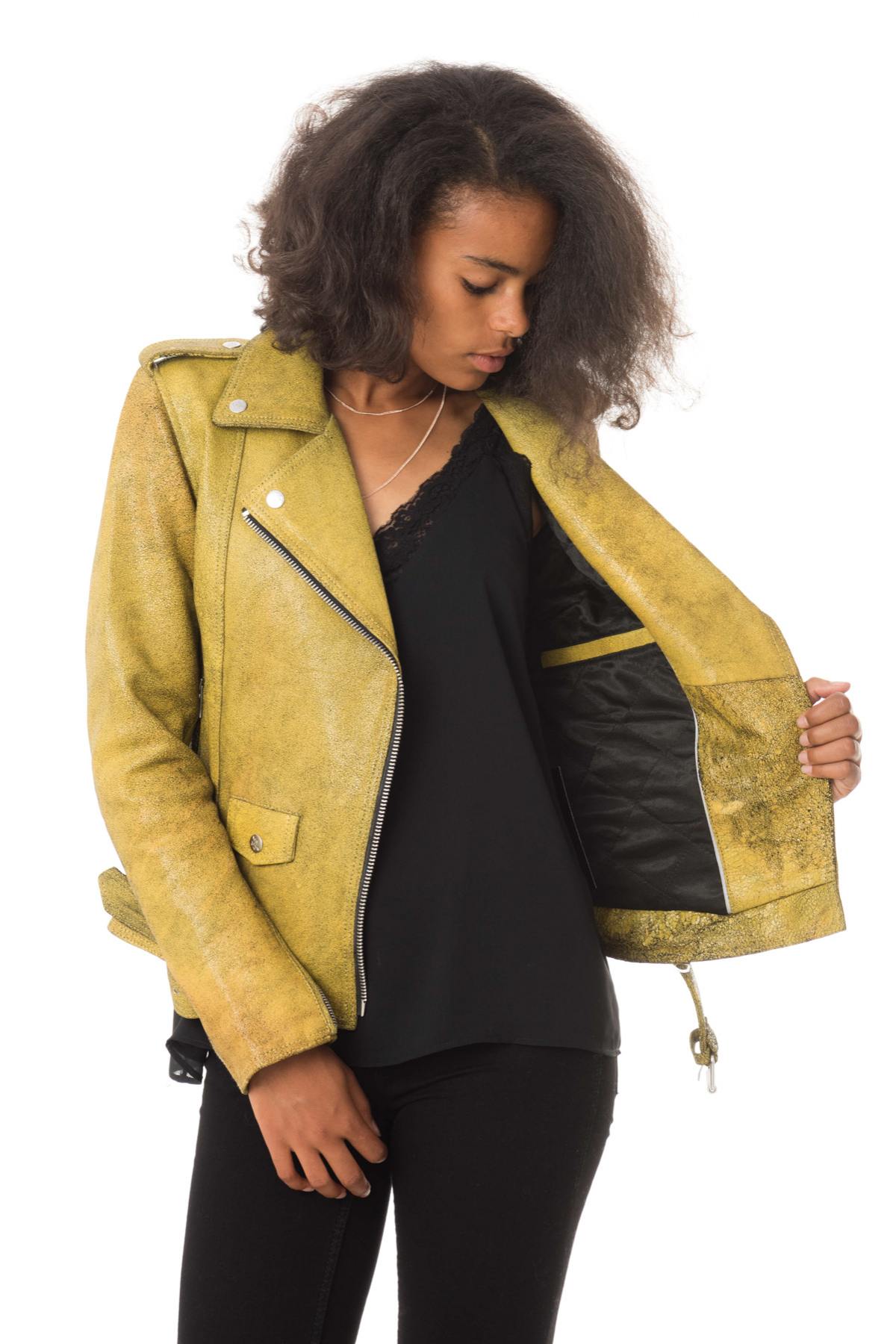 Biker Jacket jacket in aged and cracked yellow sheepskin leather - Image n°6