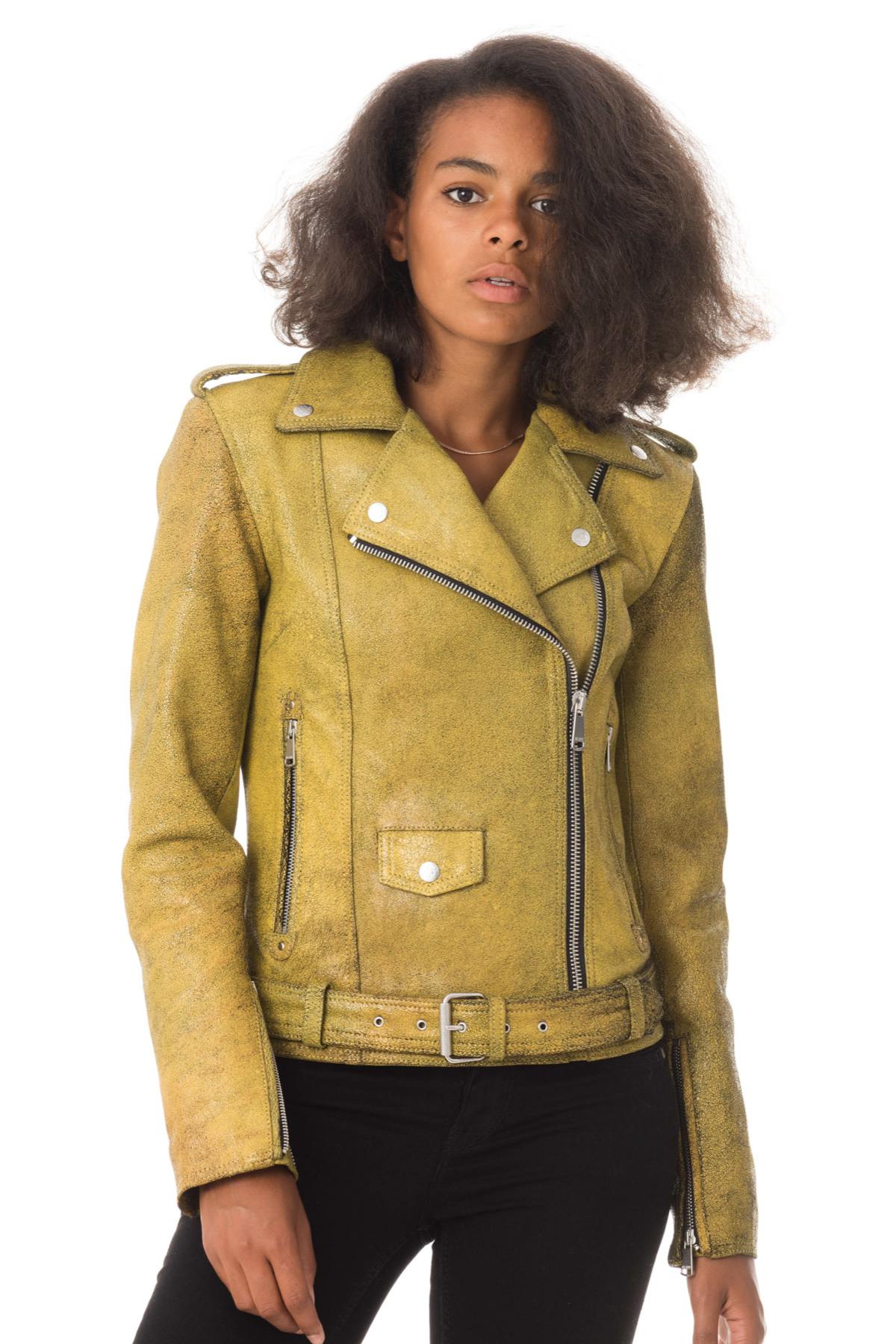 Biker Jacket jacket in aged and cracked yellow sheepskin leather - Image n°4