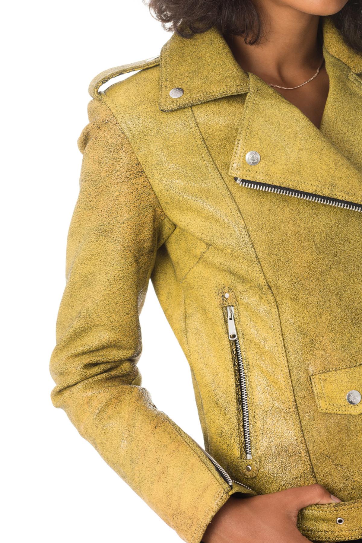 Biker Jacket jacket in aged and cracked yellow sheepskin leather - Image n°8