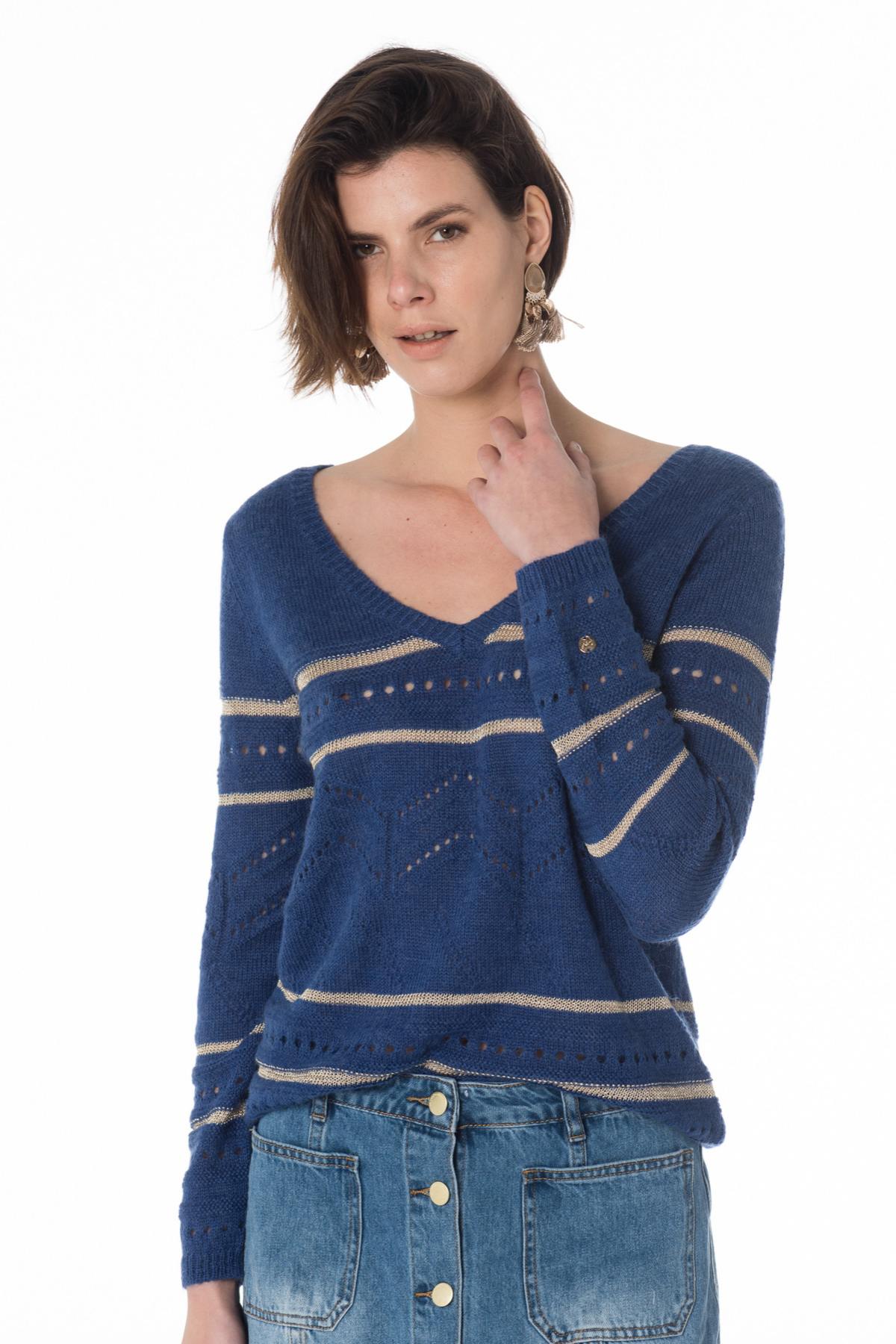 Women's blue V-neck sweater - Image n°1