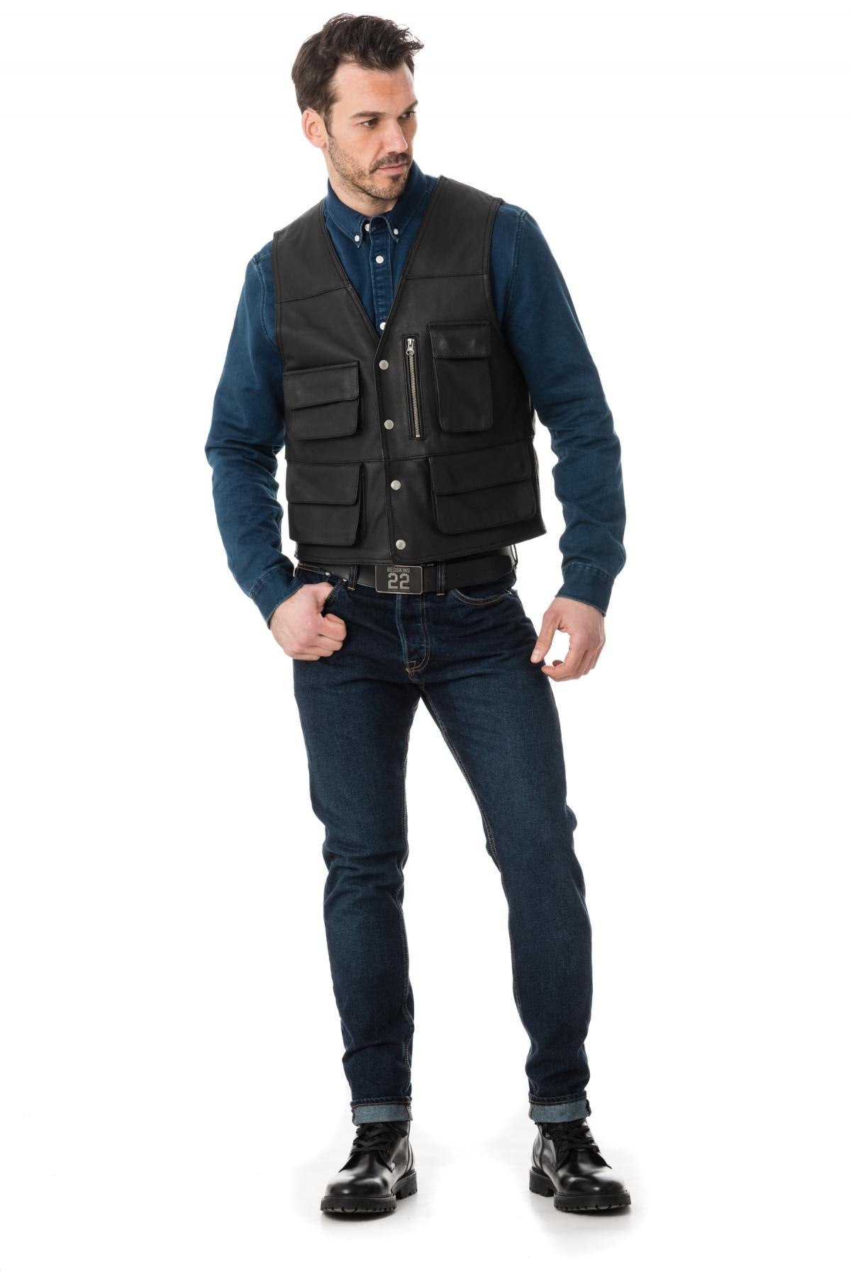 Sleeveless leather vest with pockets - Image n°2