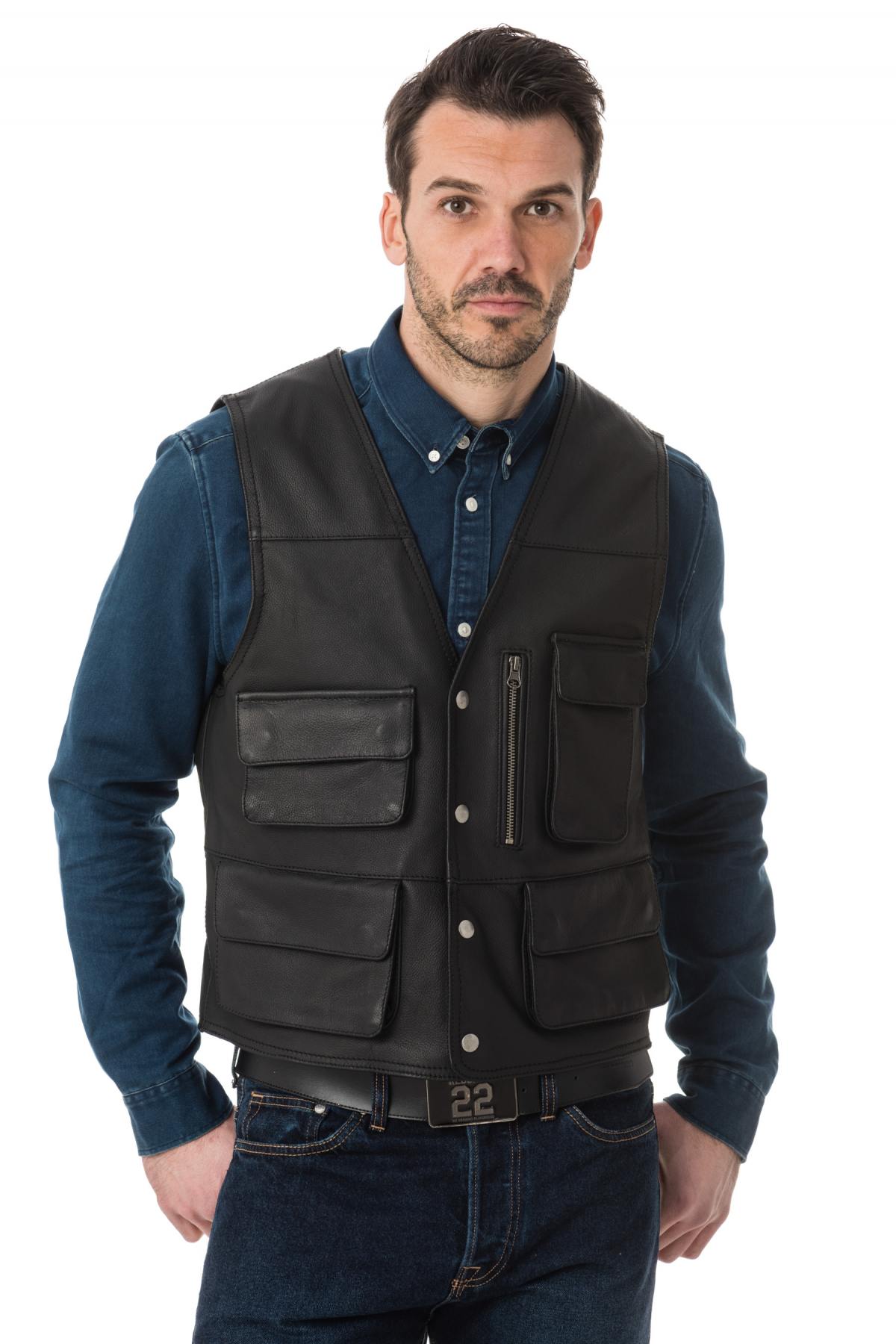 Sleeveless leather vest with pockets - Image n°1