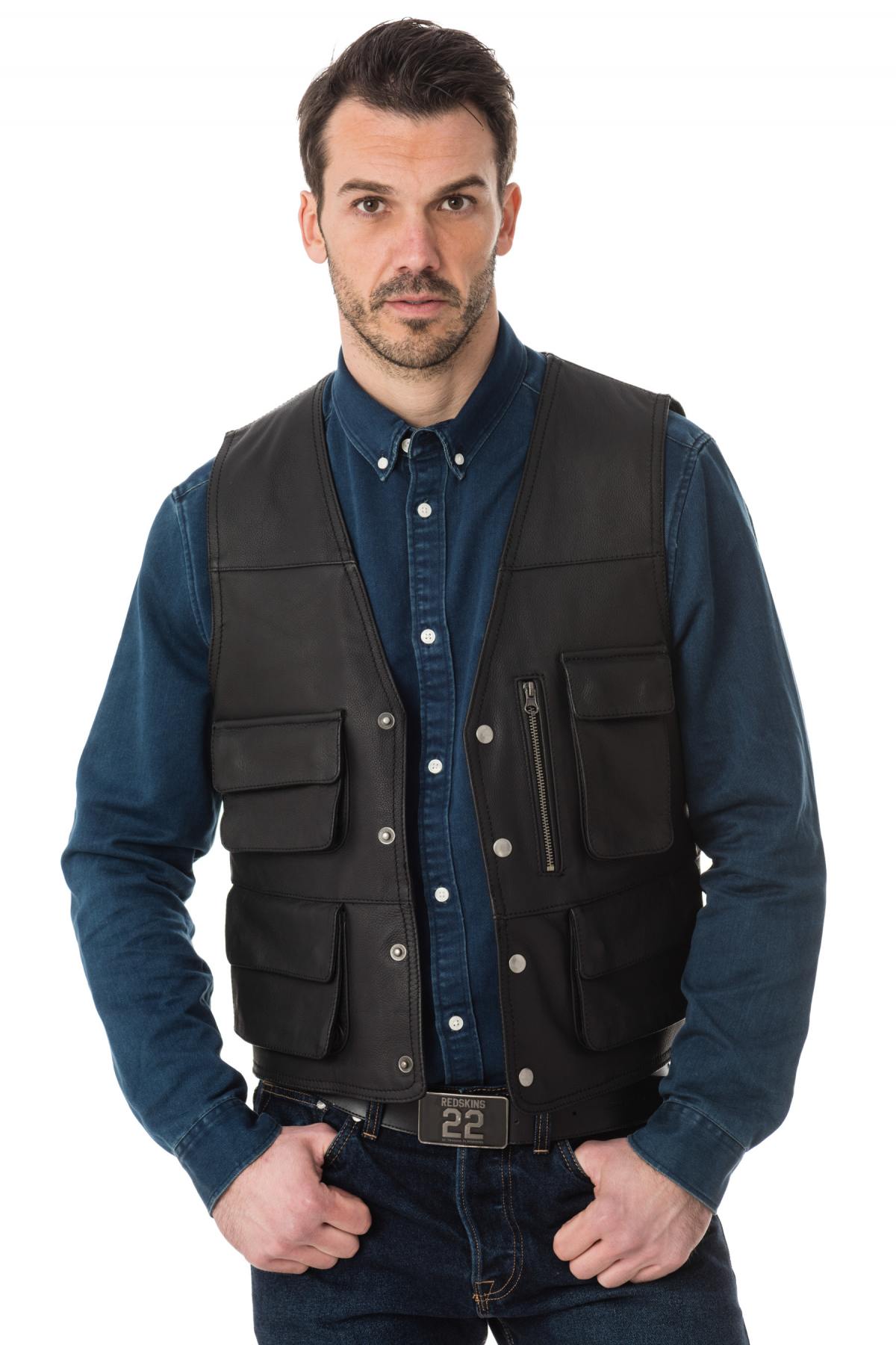 Sleeveless leather vest with pockets - Image n°3