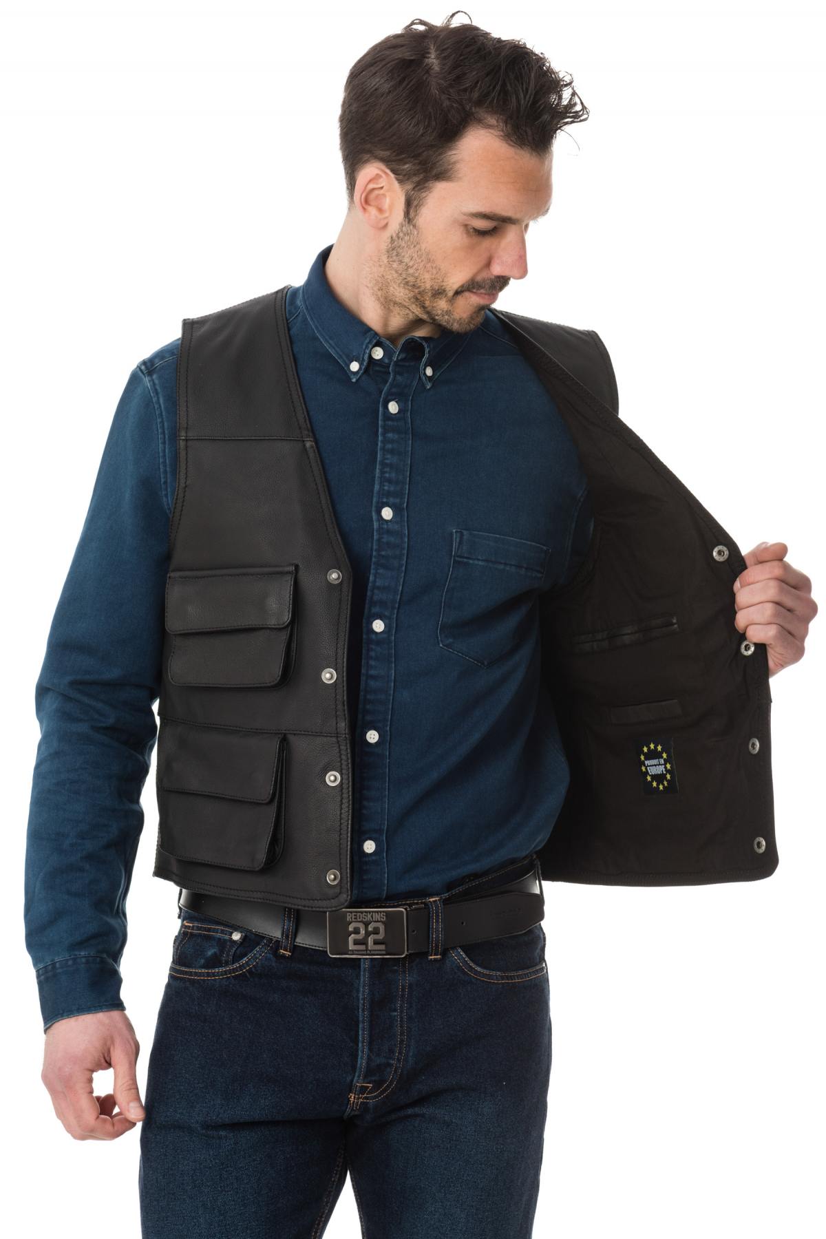 Sleeveless leather vest with pockets - Image n°4