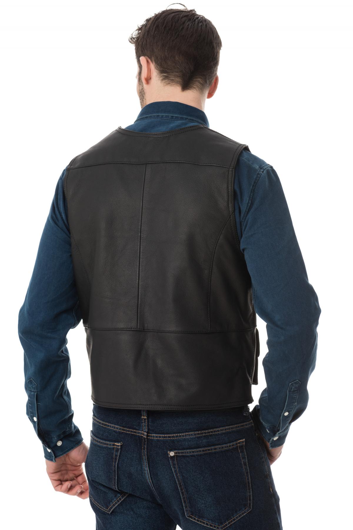 Sleeveless leather vest with pockets - Image n°5