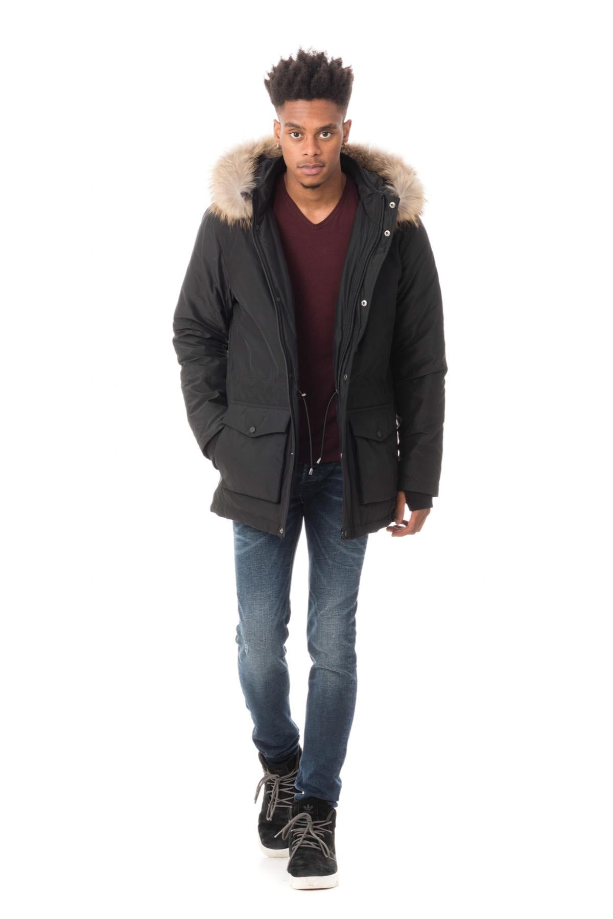 Men's black polyester parka with fur collar - Image n°2