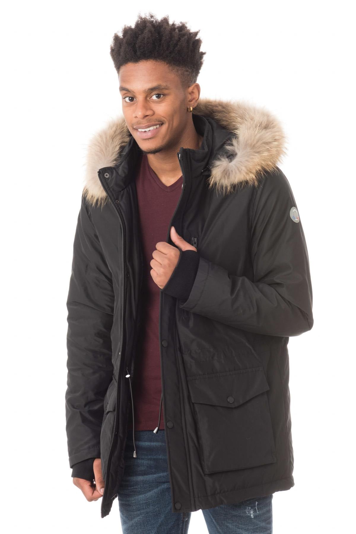 Men's black polyester parka with fur collar - Image n°3