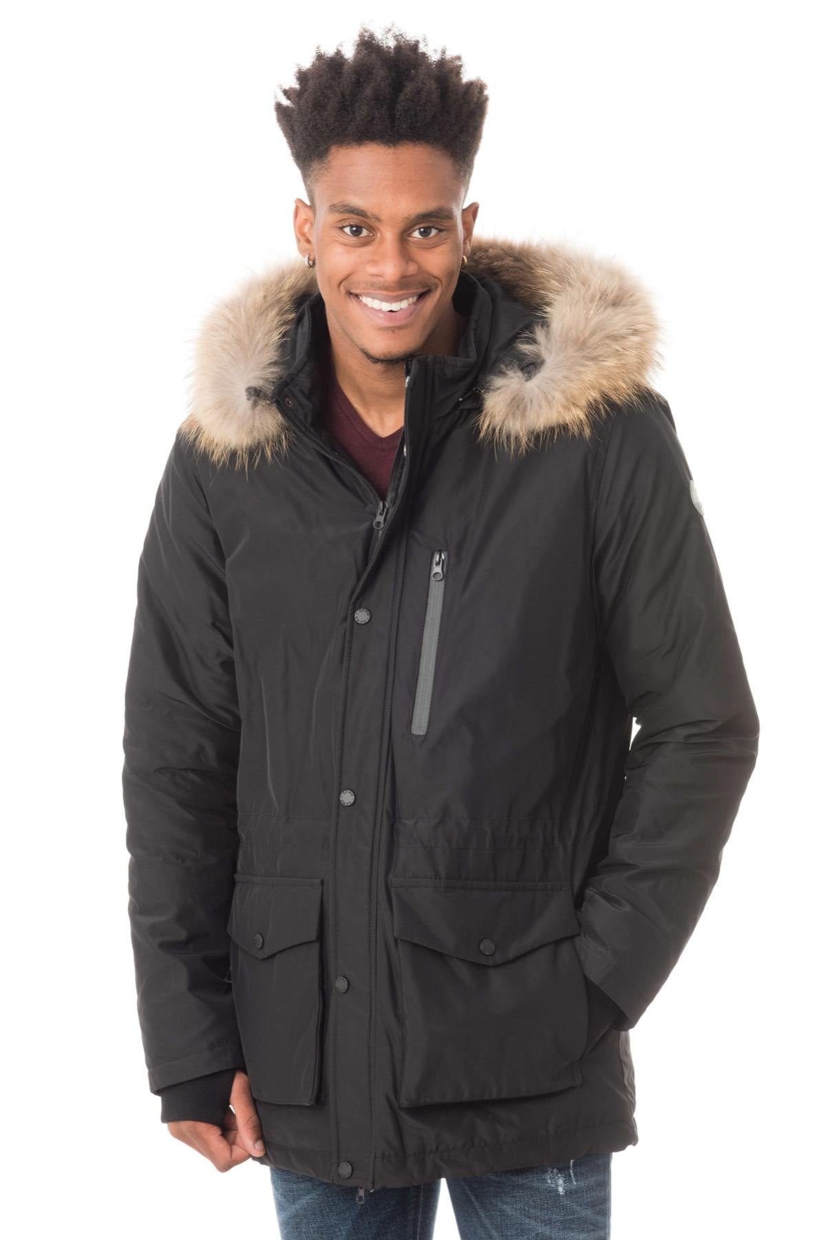 Men's black polyester parka with fur collar - Image n°1