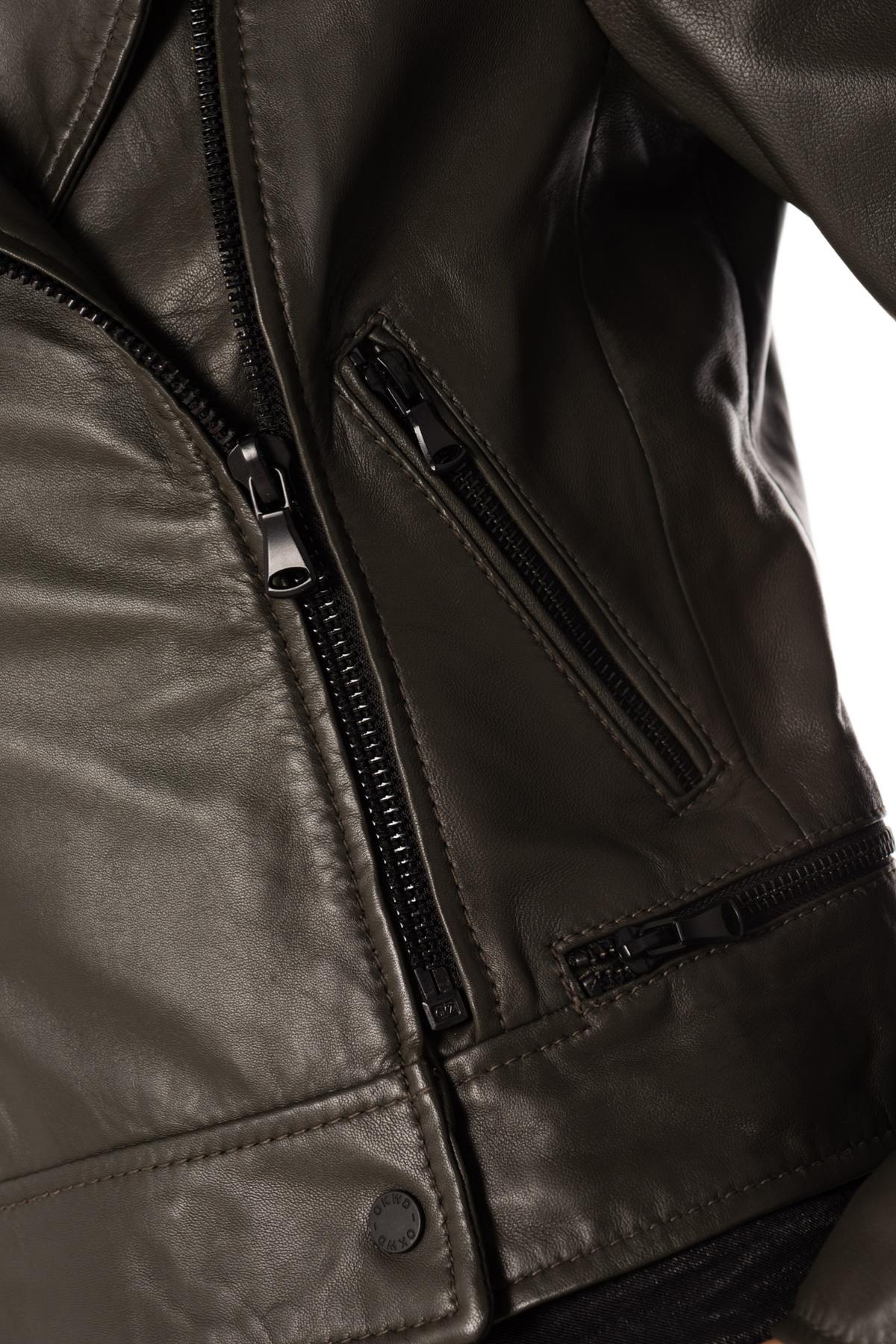 Khaki sheepskin Biker Jacket - Image n°6