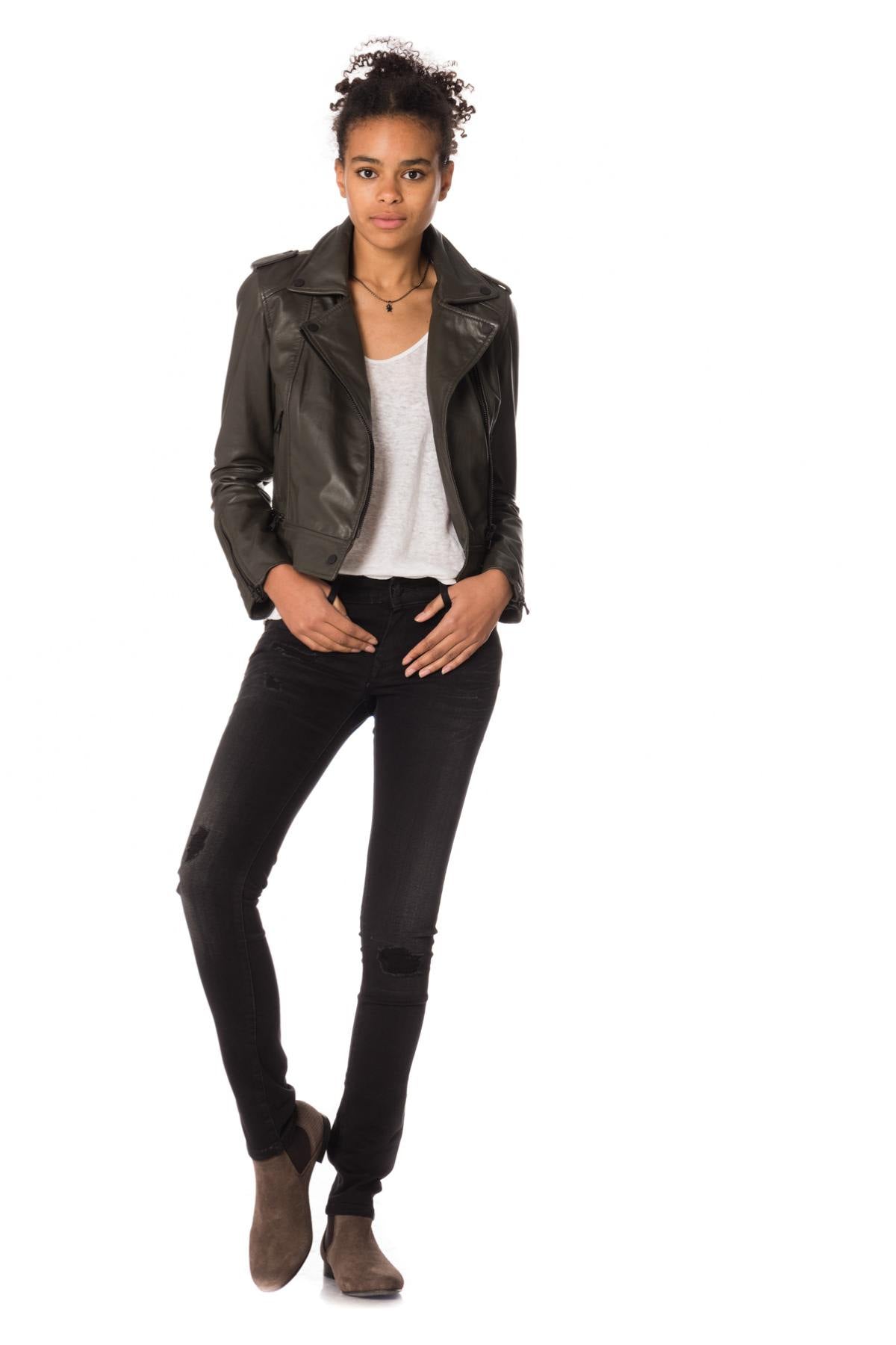 Khaki sheepskin Biker Jacket - Image n°2