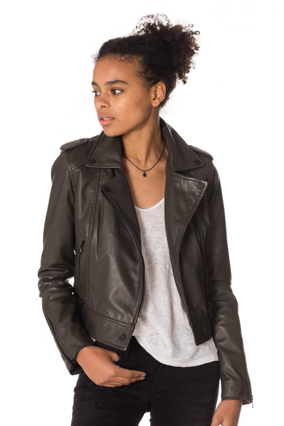 Khaki sheepskin Biker Jacket - Image n°1