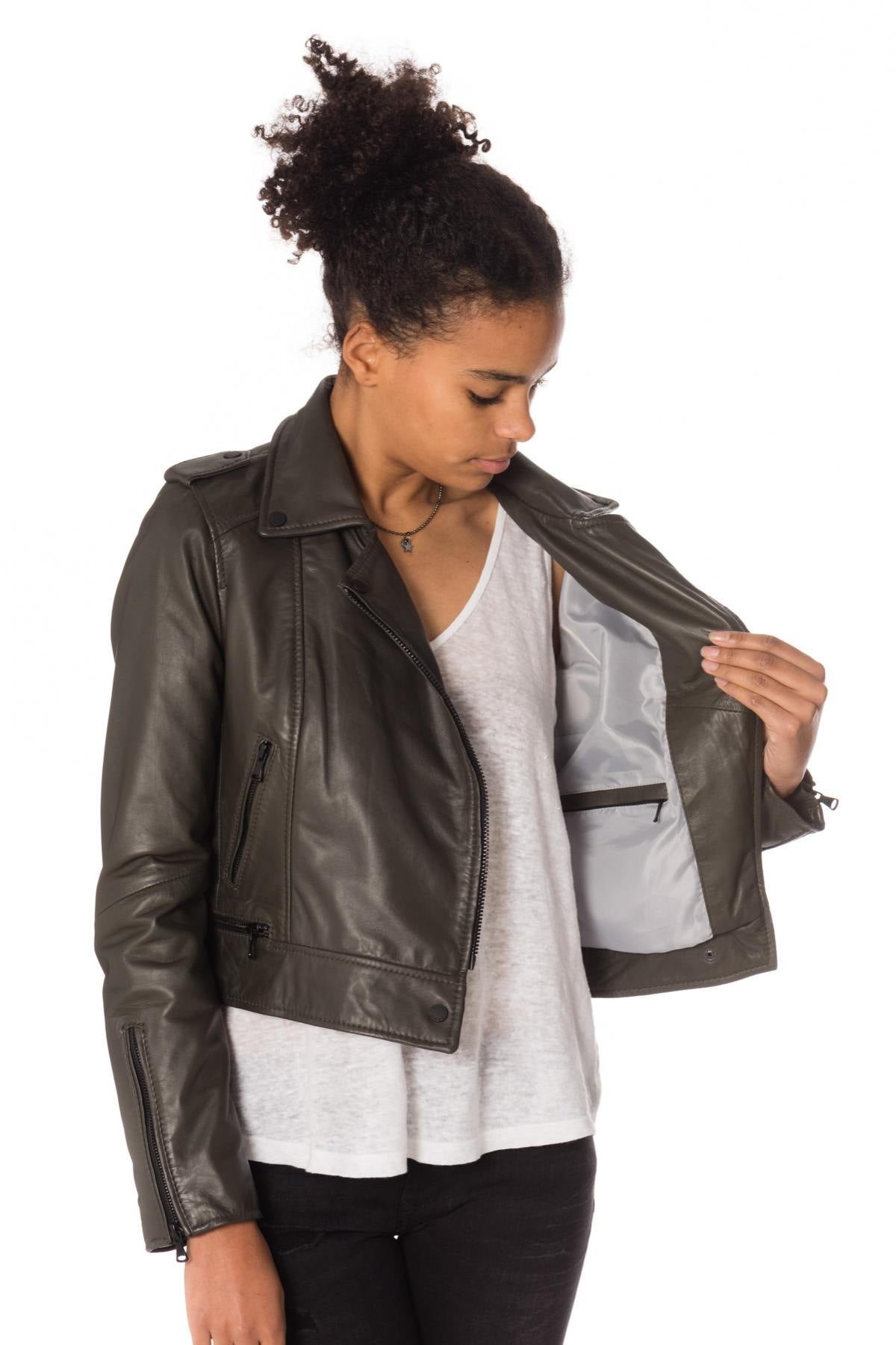 Khaki sheepskin Biker Jacket - Image n°4