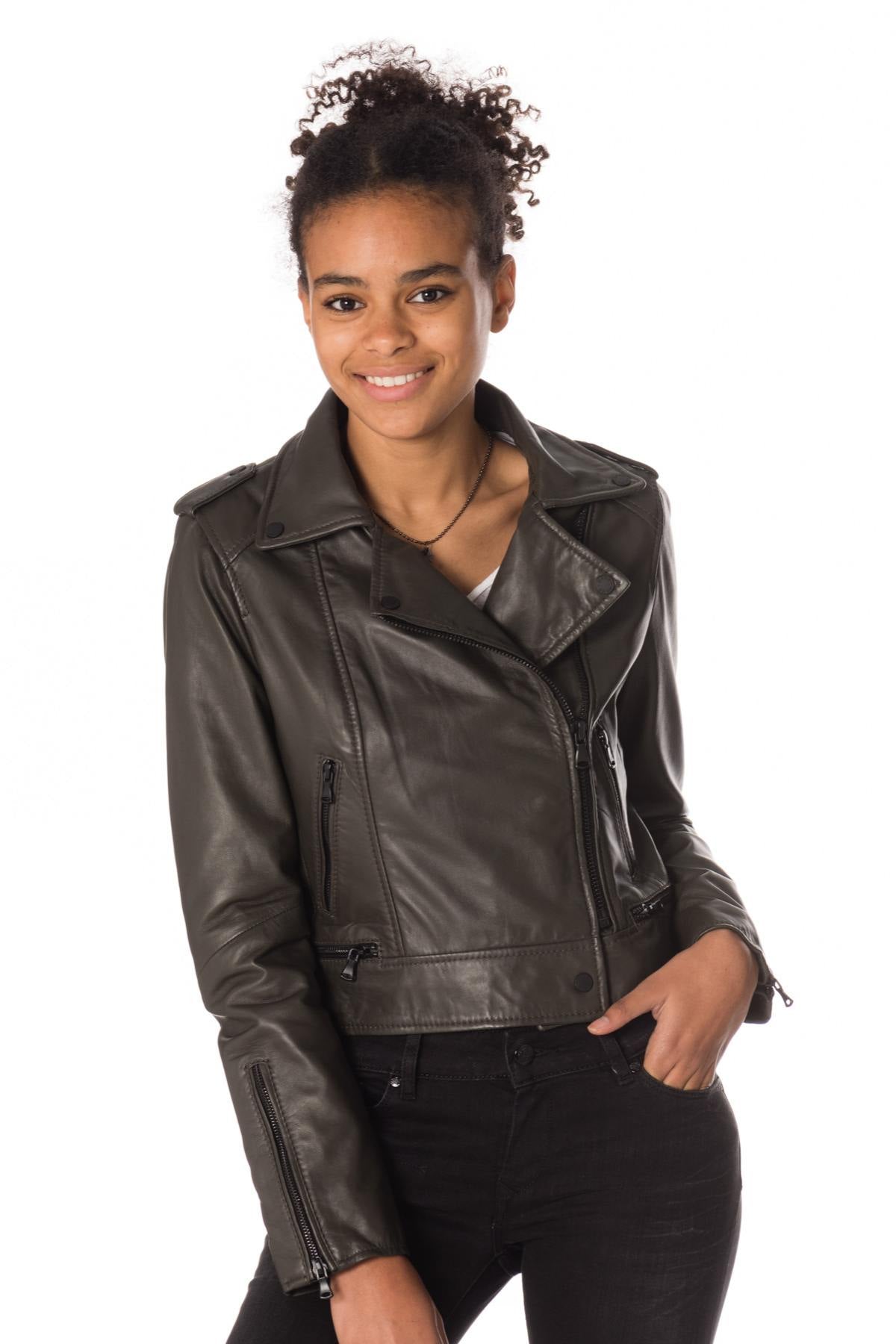 Khaki sheepskin Biker Jacket - Image n°3