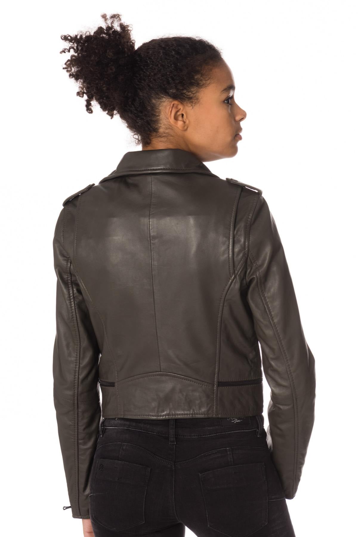 Khaki sheepskin Biker Jacket - Image n°5