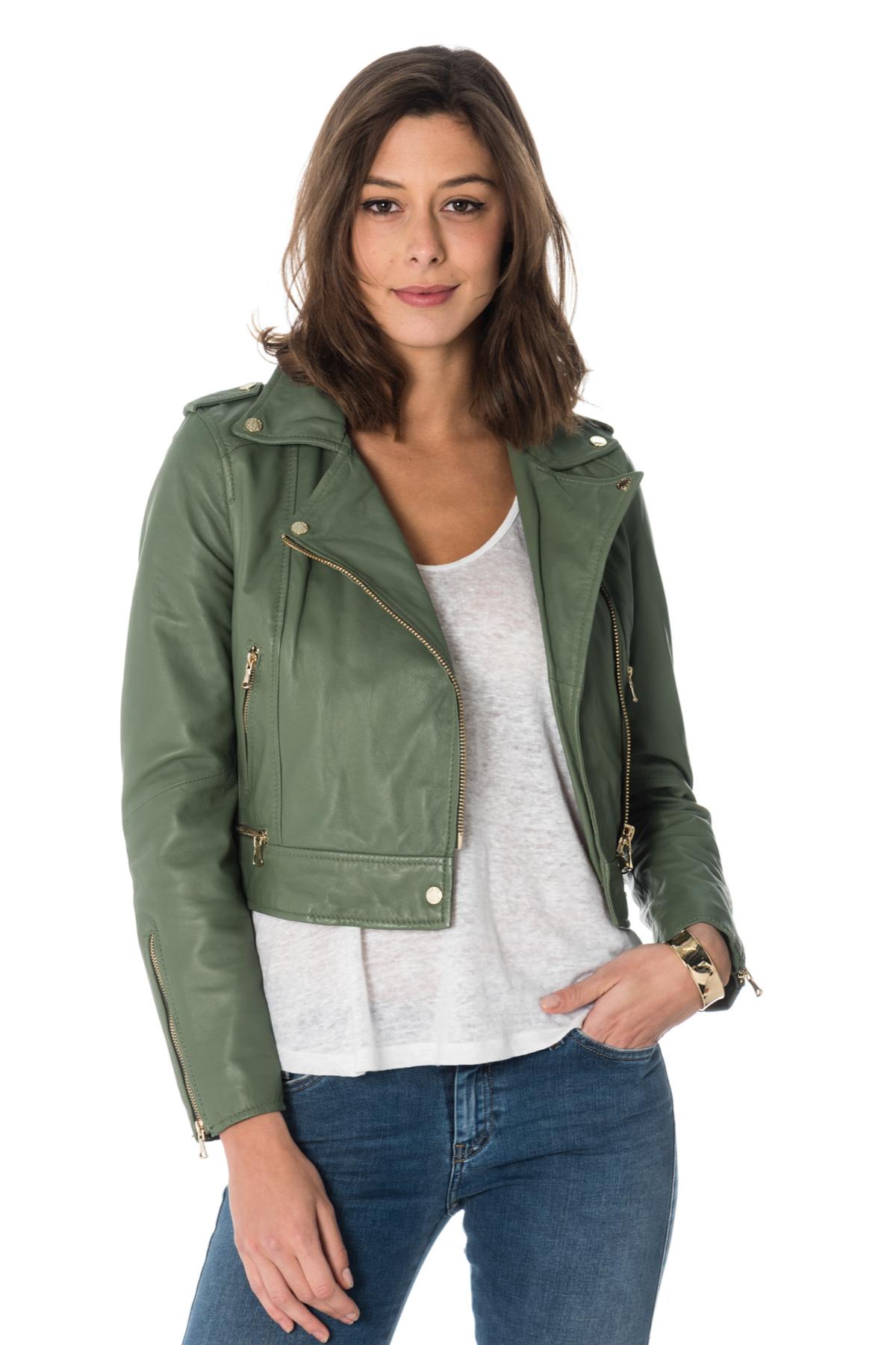 Khaki sheepskin leather Biker Jacket Oakwood - Image n°1