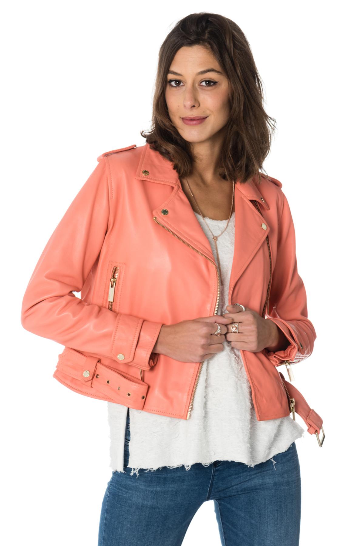 Women's coral sheepskin leather Biker Jacket Oakwood - Image n°1