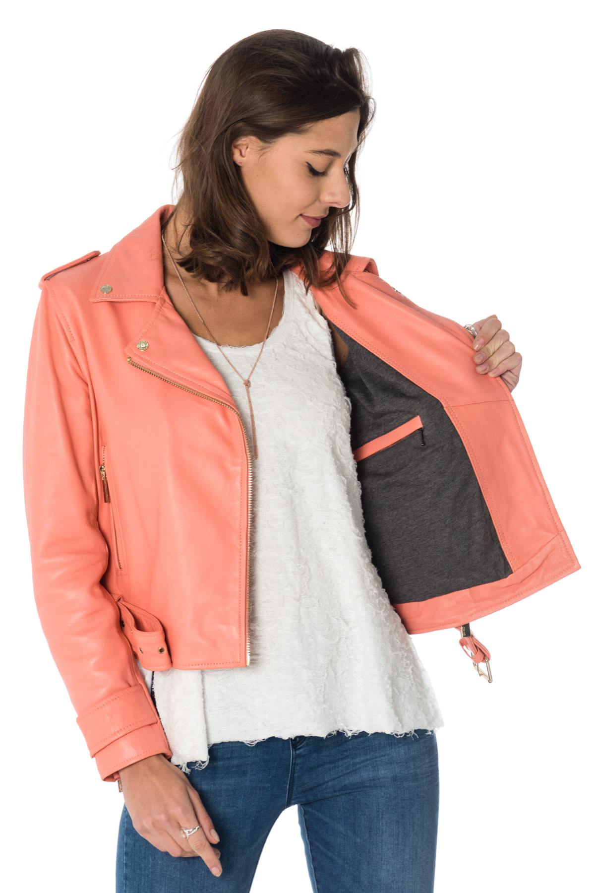 Women's coral sheepskin leather Biker Jacket Oakwood - Image n°3