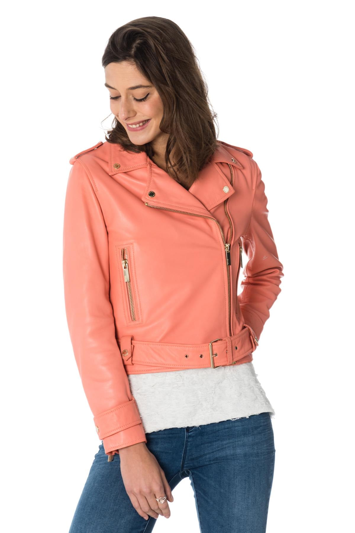 Women's coral sheepskin leather Biker Jacket Oakwood - Image n°4