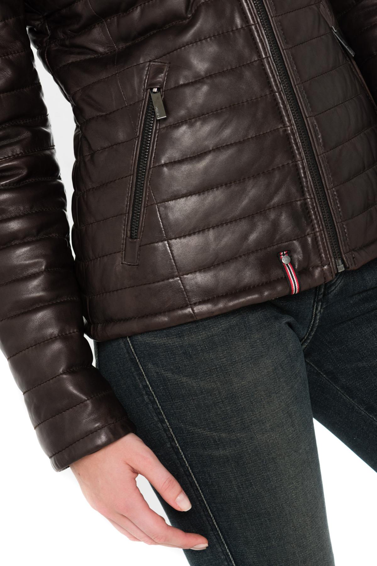 Women's chocolate-colored down jacket in sheepskin leather - Image n°6