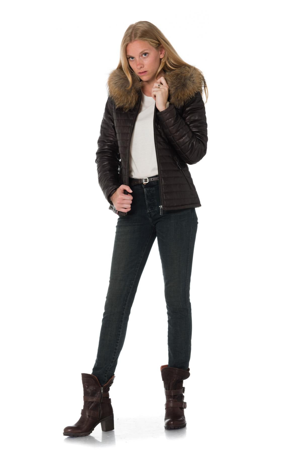 Women's chocolate-colored down jacket in sheepskin leather - Image n°2