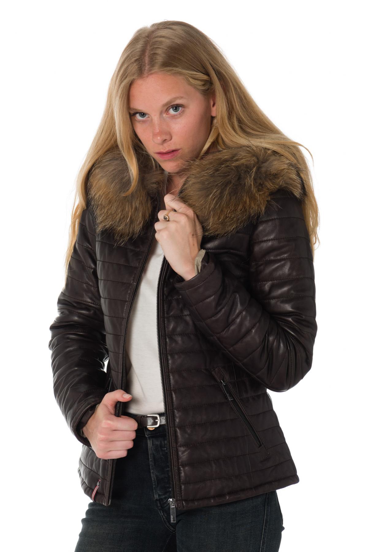 Women's chocolate-colored down jacket in sheepskin leather - Image n°4