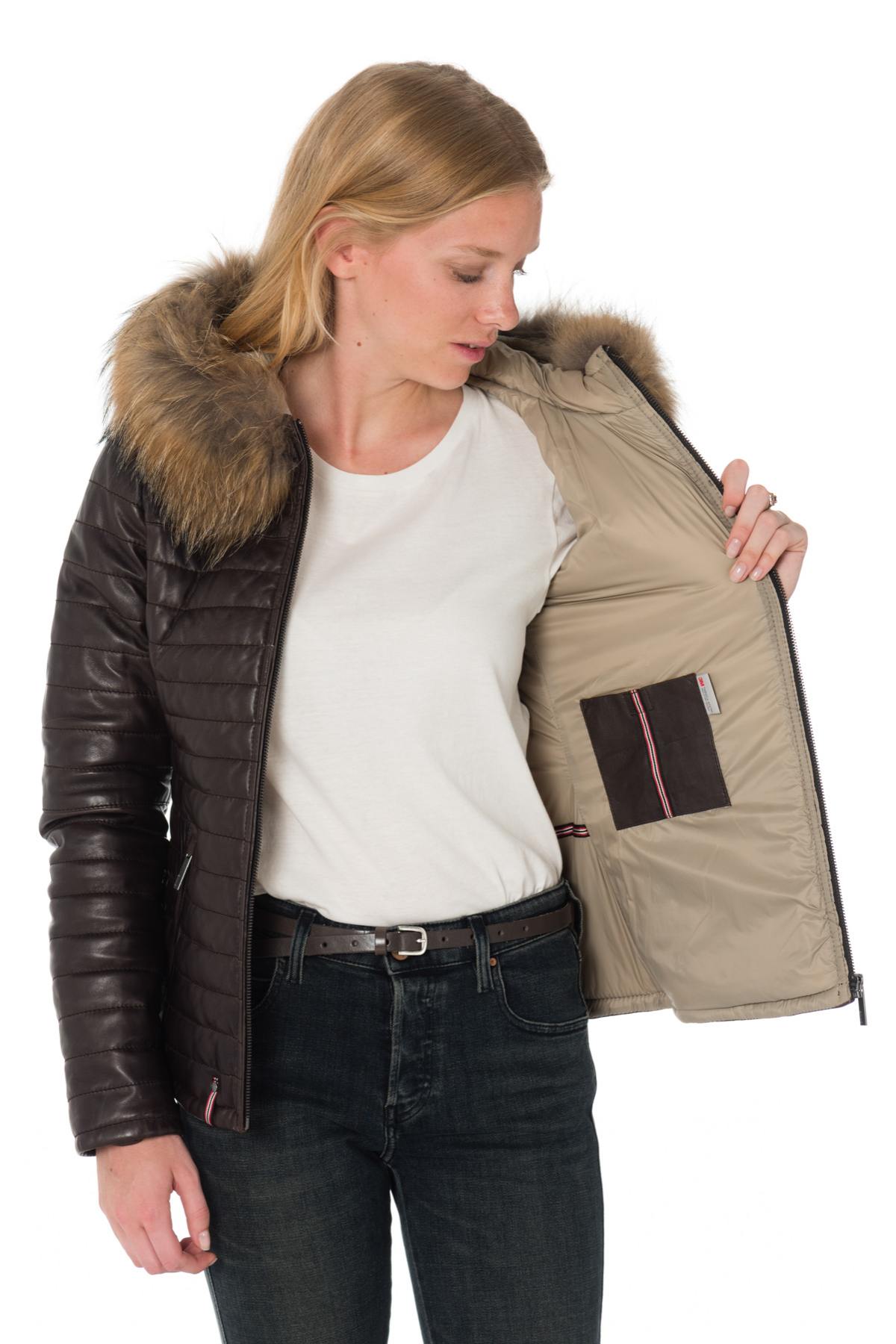 Women's chocolate-colored down jacket in sheepskin leather - Image n°5