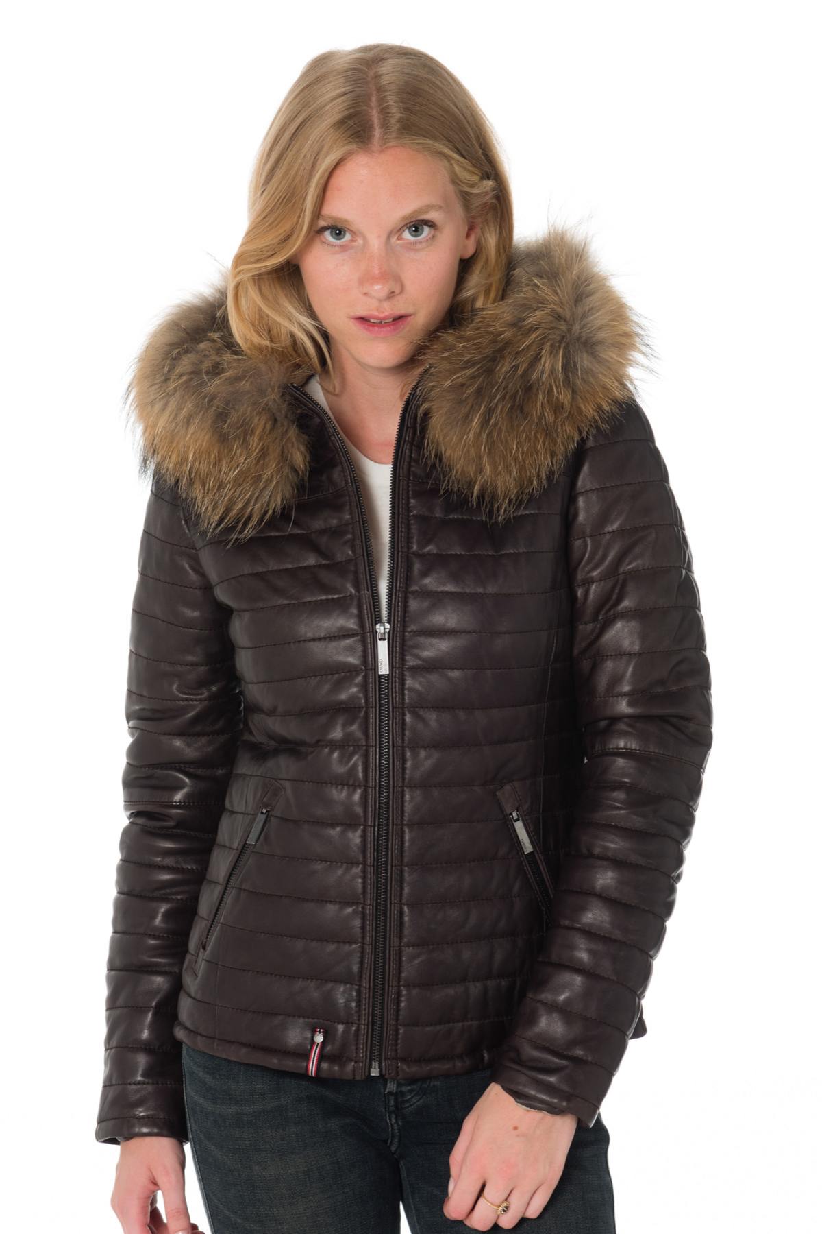 Women's chocolate-colored down jacket in sheepskin leather - Image n°7