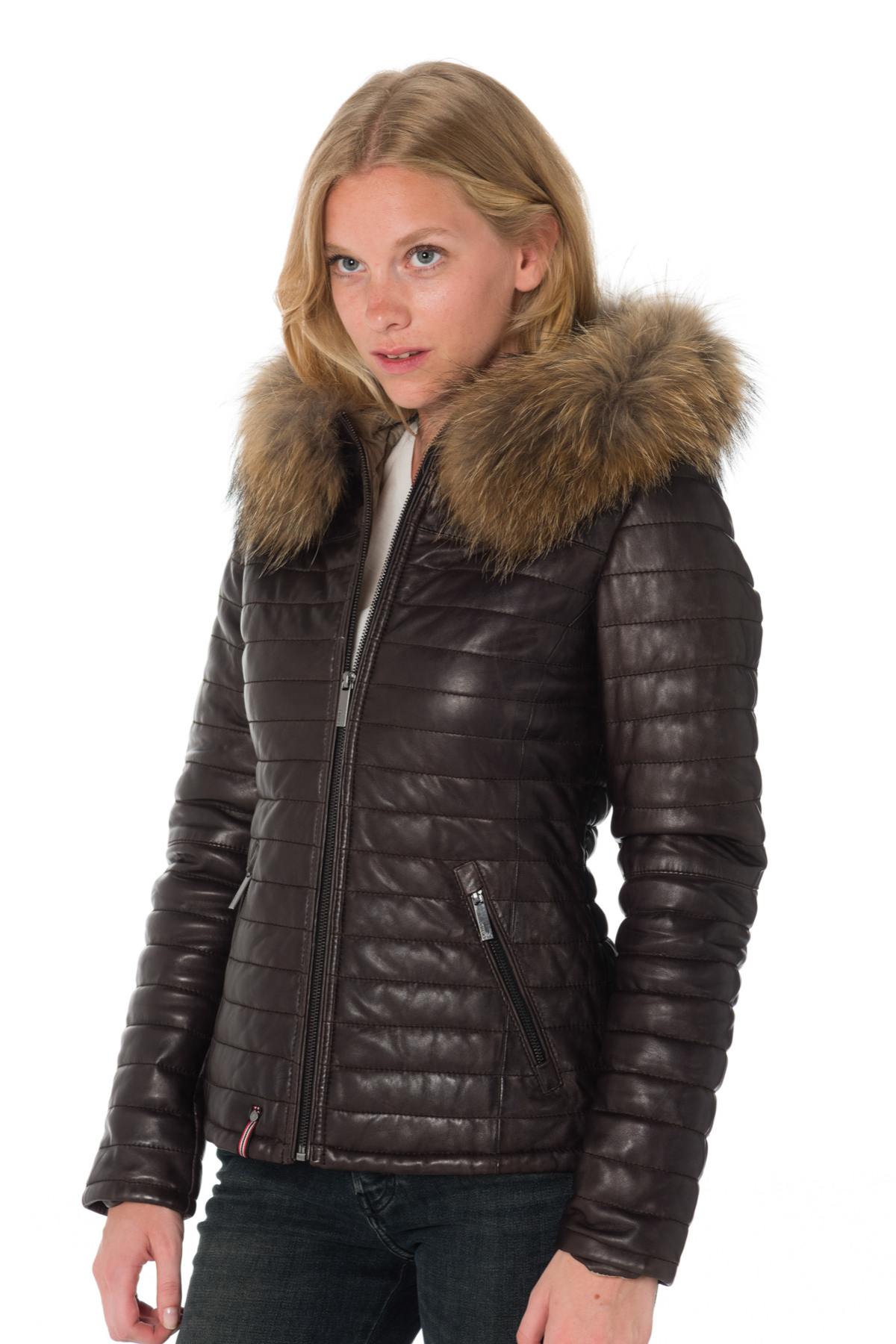 Women's chocolate-colored down jacket in sheepskin leather - Image n°1