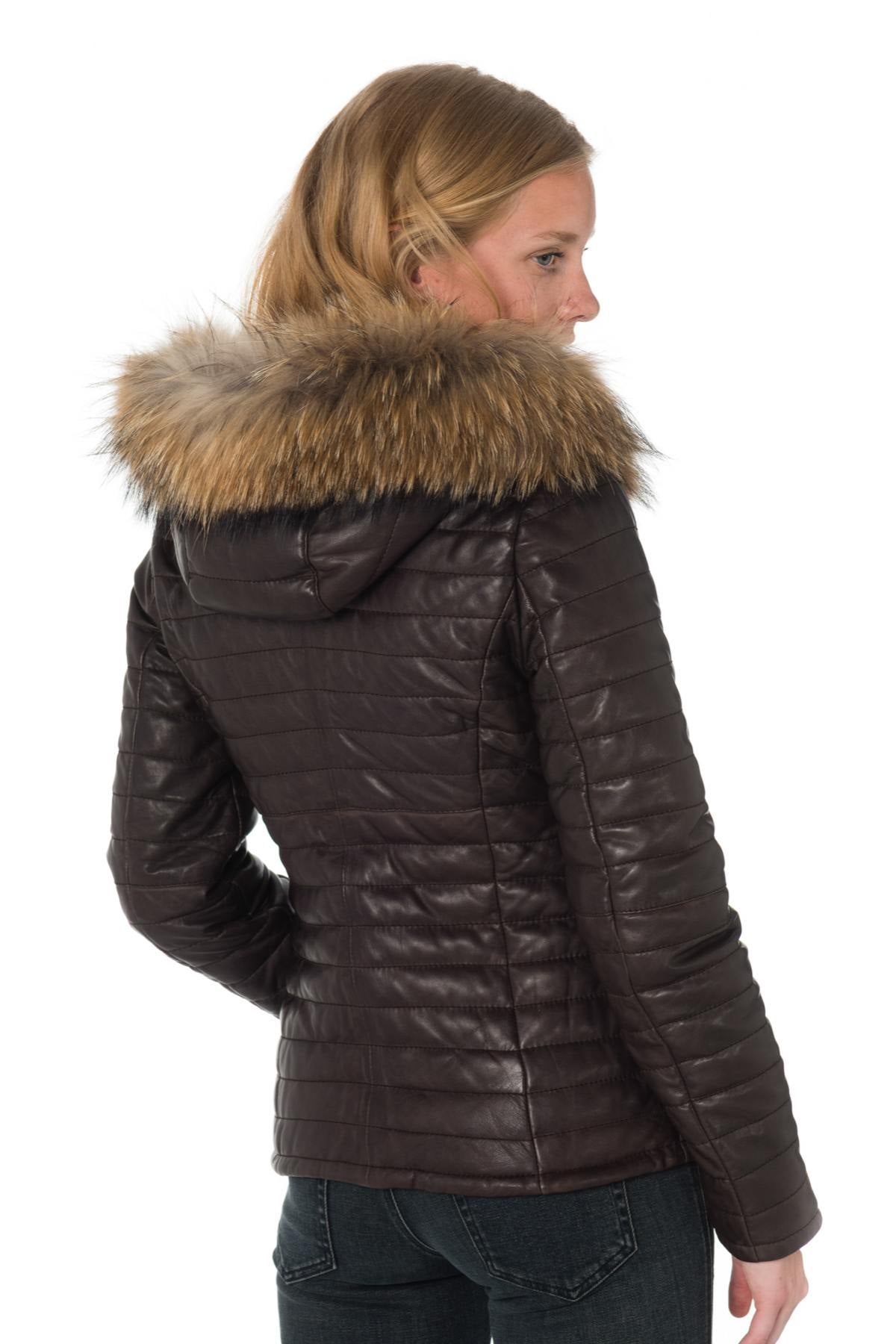 Women's chocolate-colored down jacket in sheepskin leather - Image n°3