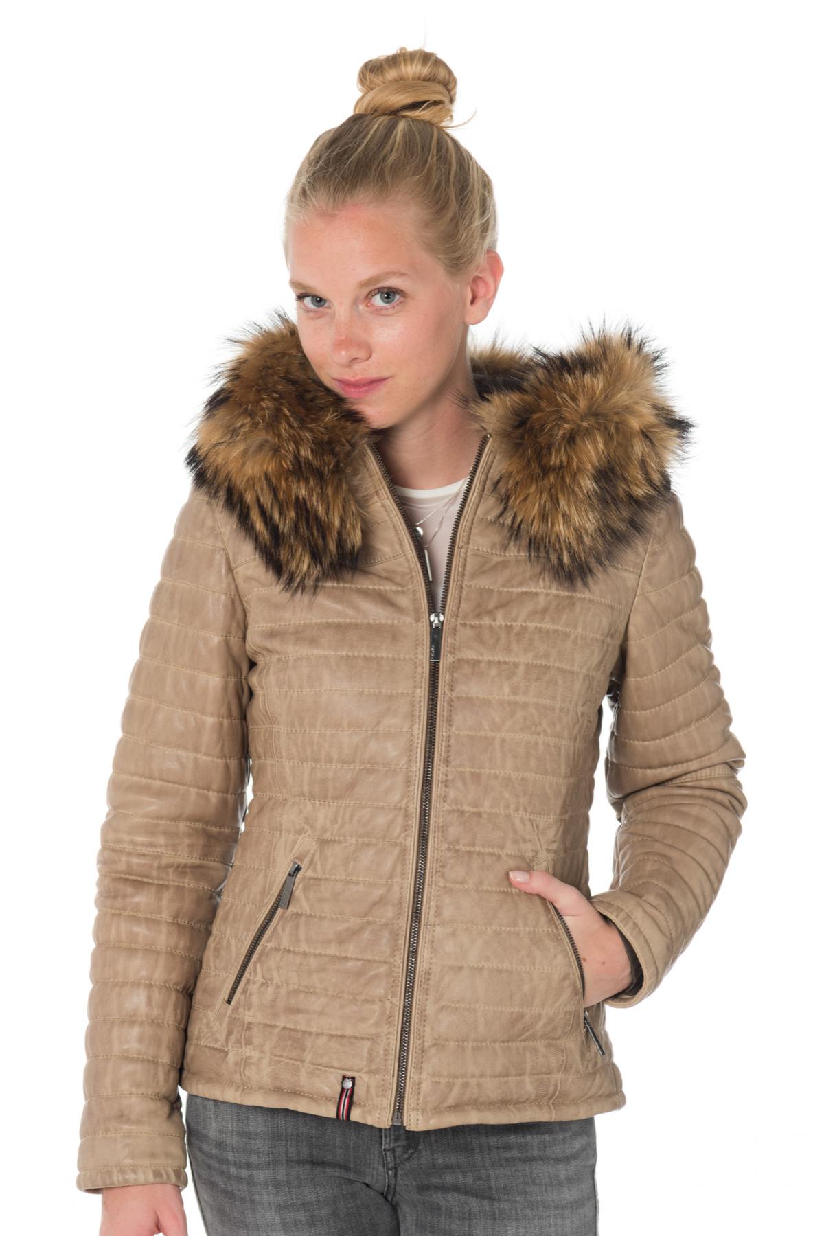 Oakwood women's dark beige down jacket in sheepskin leather - Image n°1